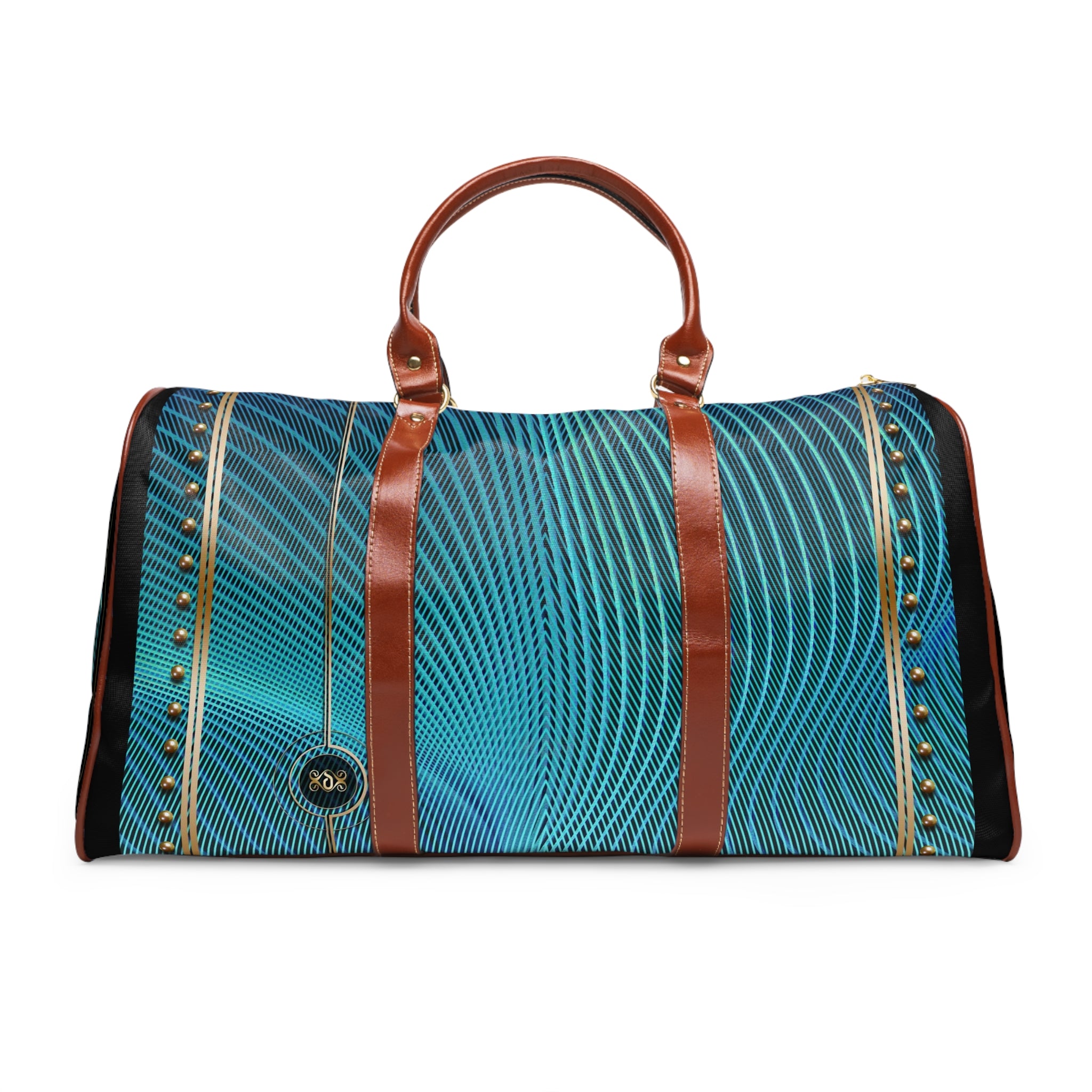 Turquoise Nazca Lines Duffle Bag, Waterproof Travel Bag, Spacious Carry-On Bag, Brown Leather Straps Bag, Weekender Travel Bag  | 100047