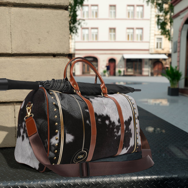 Cow Print Duffle Bag, Brown Leather Straps Bag, Spacious Carry-On Luggage, Animal Print Weekender Travel Bag, Cowhide Duffle Bag | 11222E