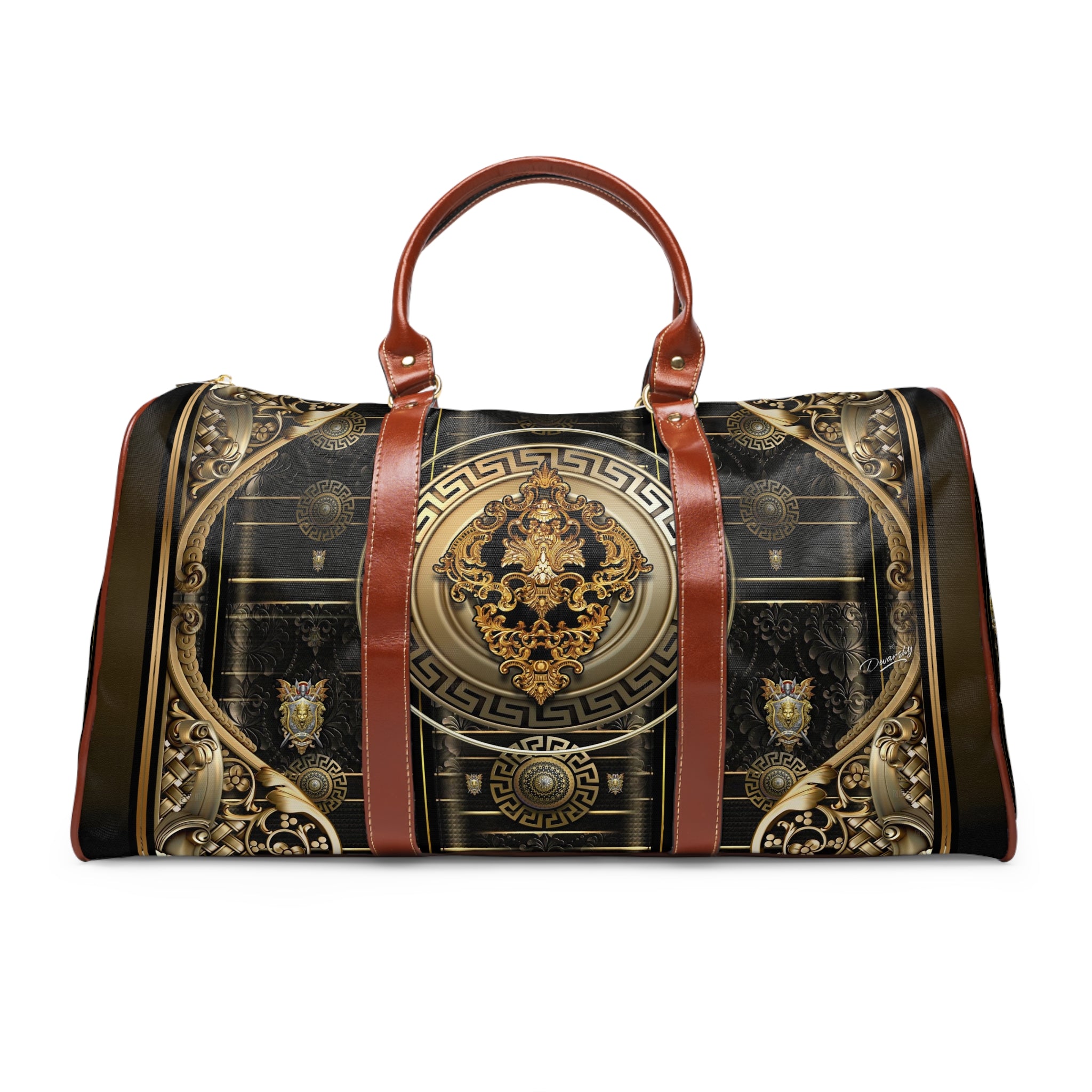 Black Baroque Bag, PU Leather Luggage, Waterproof Travel Bag, Gold Medallion Bag, Faux Leather Luggage | 100356