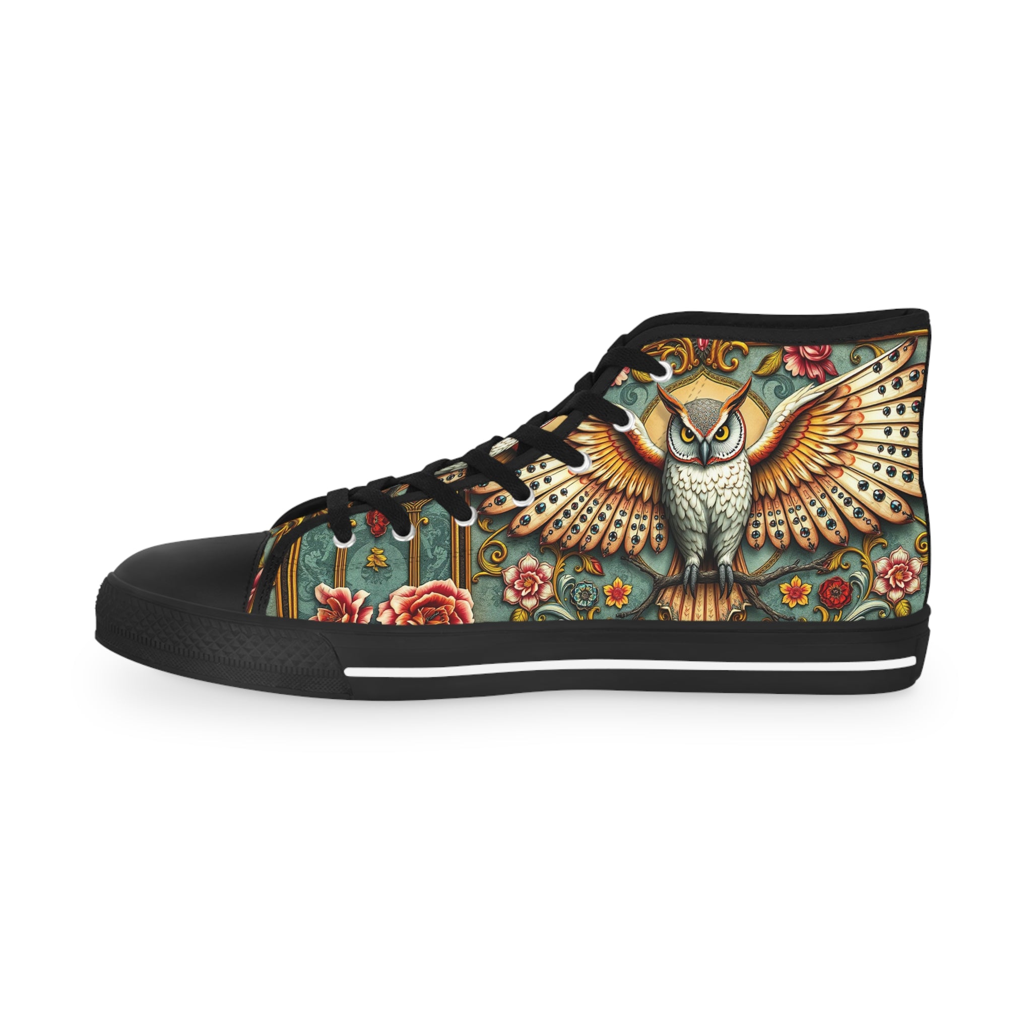 Owl Floral Print Shoes, Unisex High Top Sneakers, Trendy Canvas Shoes, Owl Florals Sneakers, Unisex Shoes | X3496