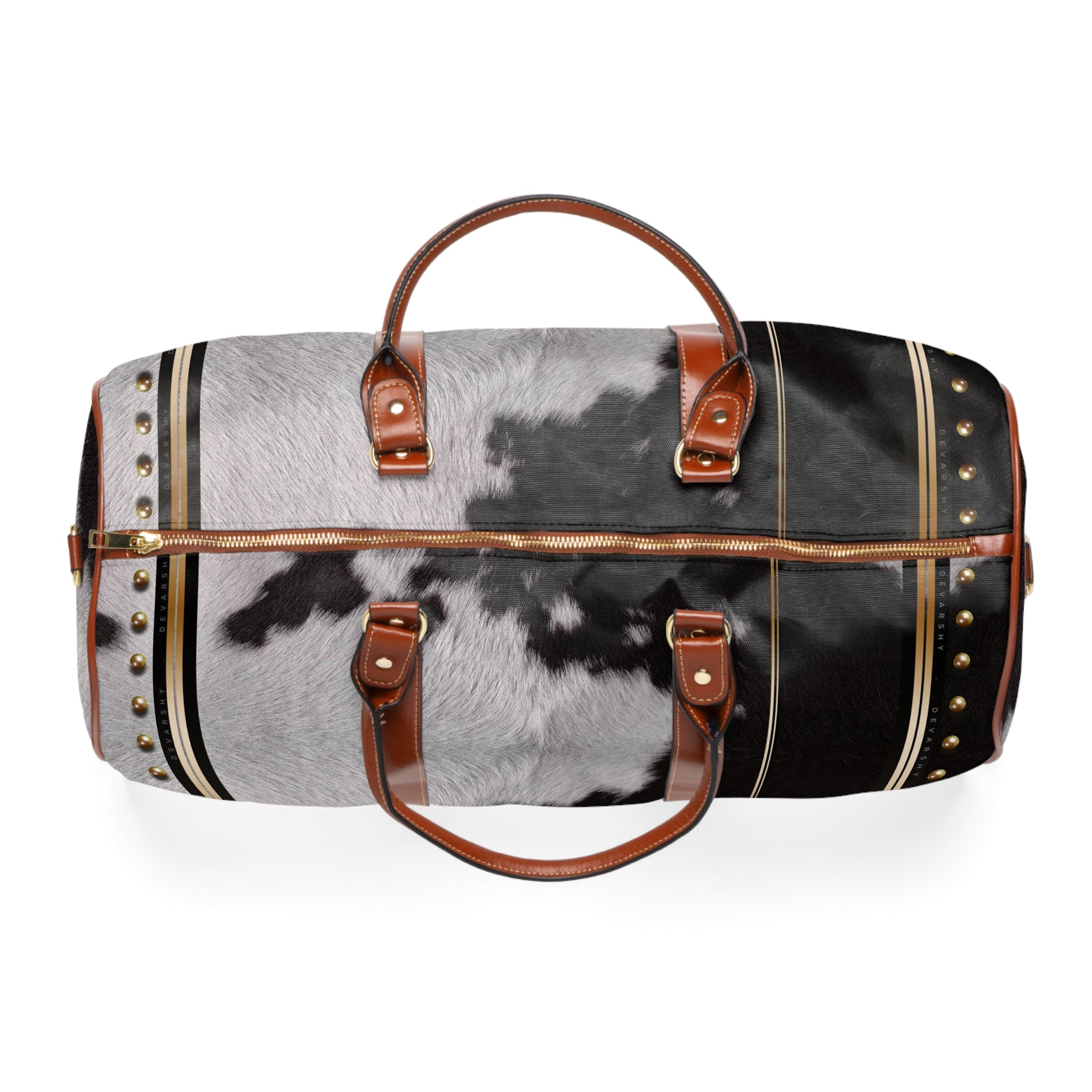 Cow Print Duffle Bag, Brown Leather Straps Bag, Spacious Carry-On Luggage, Animal Print Weekender Travel Bag, Cowhide Duffle Bag | 11222E