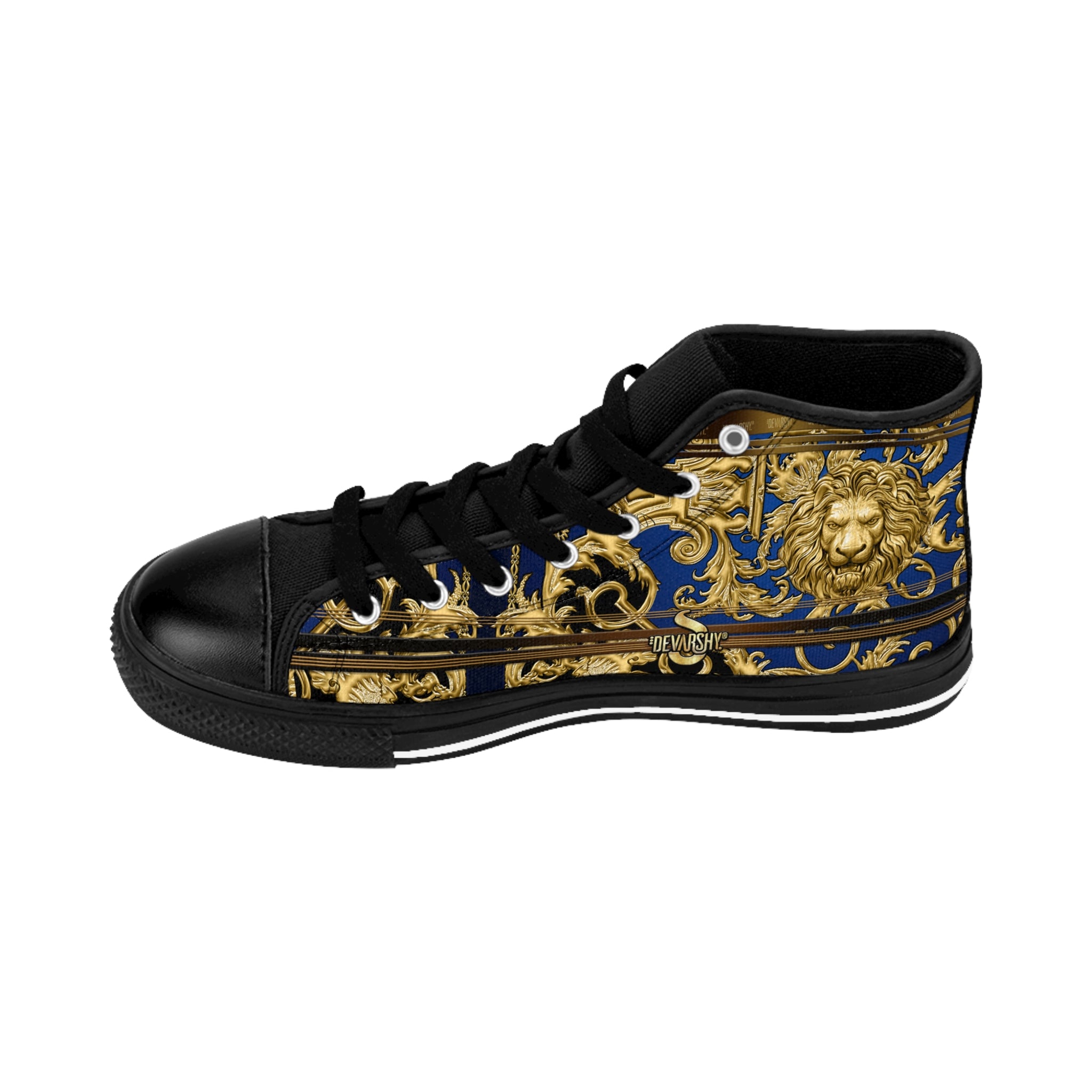 Golden Lion Shoes, Men's High-top Sneakers, Blue Canvas Shoes, Baroque Lion Sneakers, Trendy Animal Print Shoes, Baroque Lion Shoes | D20138