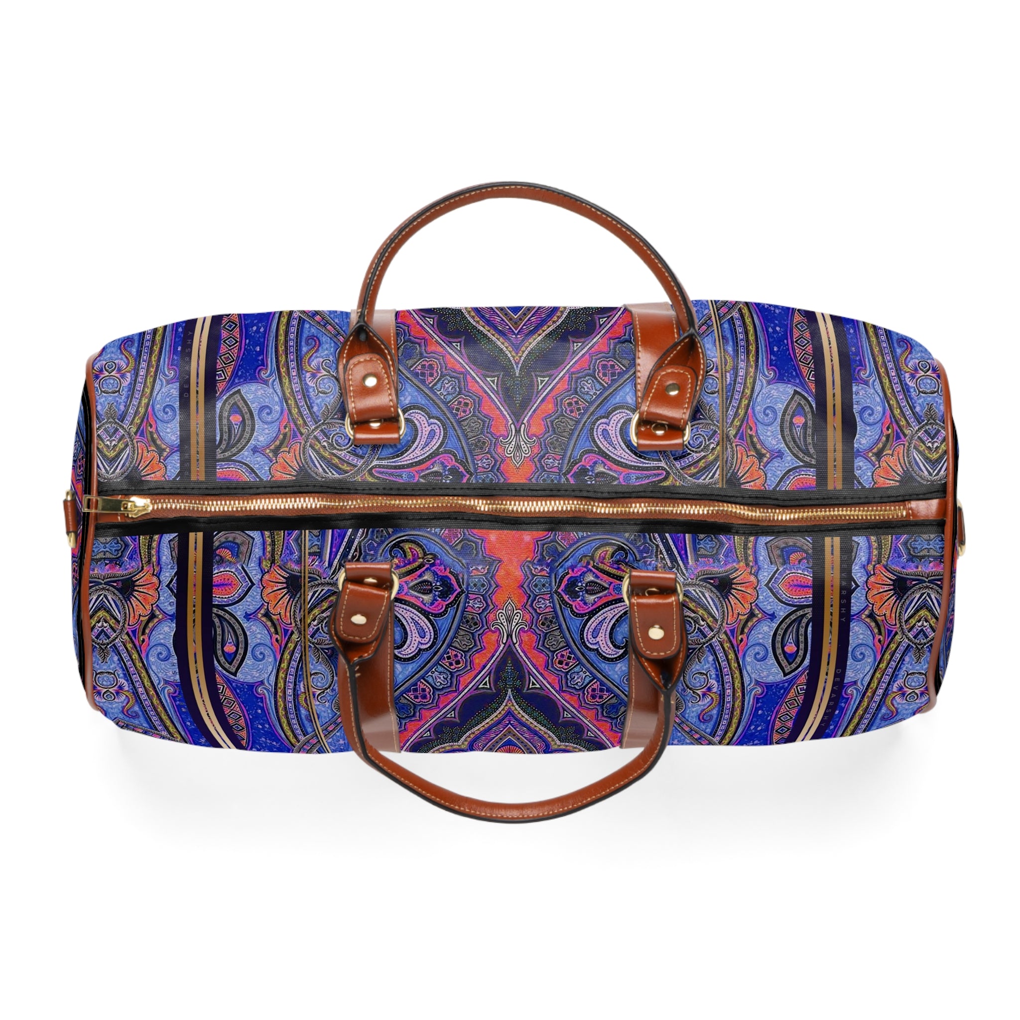 Blue Pashmina Bag, PU Leather Bag, Paisley Print Luggage, Faux Leather Bag, Paisley Travel Bag | D20113B