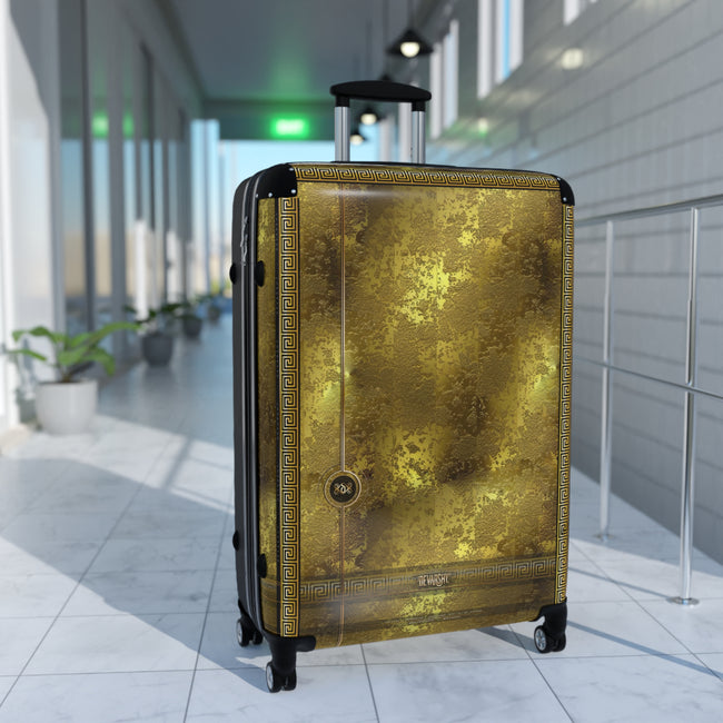 Yellow Gold Suitcase Carry-on Suitcase Gold Foil Print Luggage Greek Key Hard Shell Suitcase in 3 Sizes | X3349A