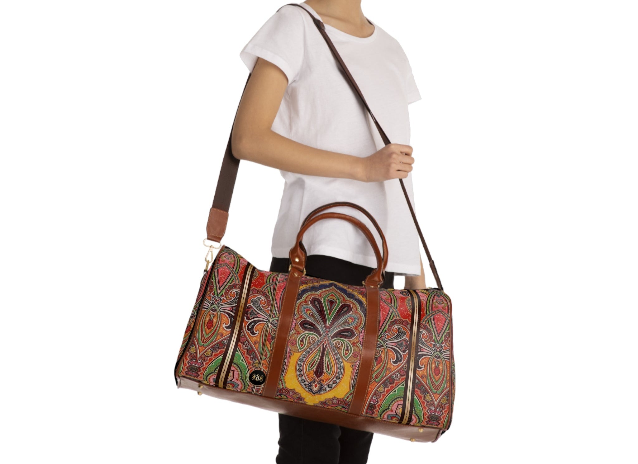 Pashmina Print Bag, PU Leather Bag, Paisley Travel Bag, Faux Leather Luggage, Paisley Duffle Bag | D20113