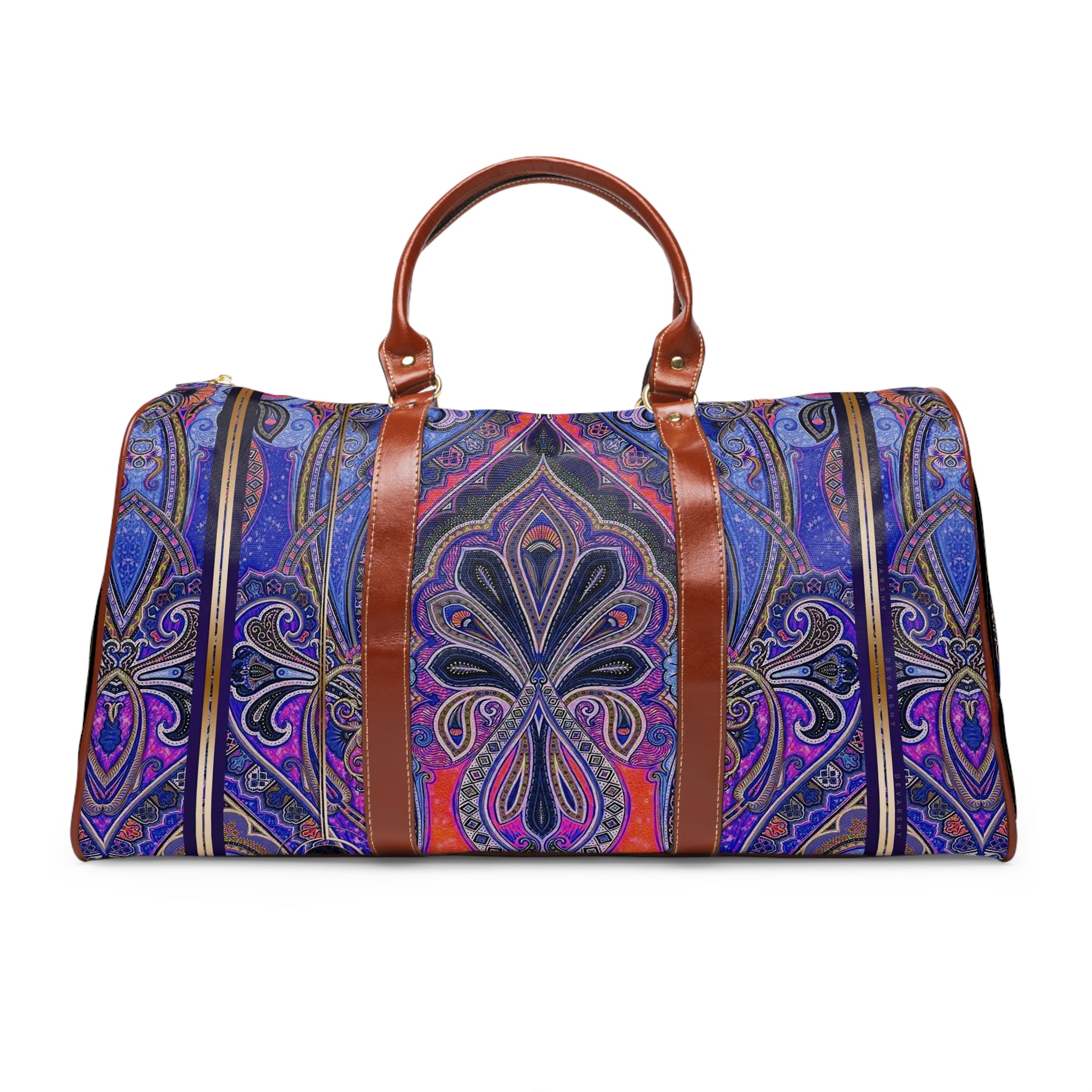 Blue Pashmina Bag, PU Leather Bag, Paisley Print Luggage, Faux Leather Bag, Paisley Travel Bag | D20113B