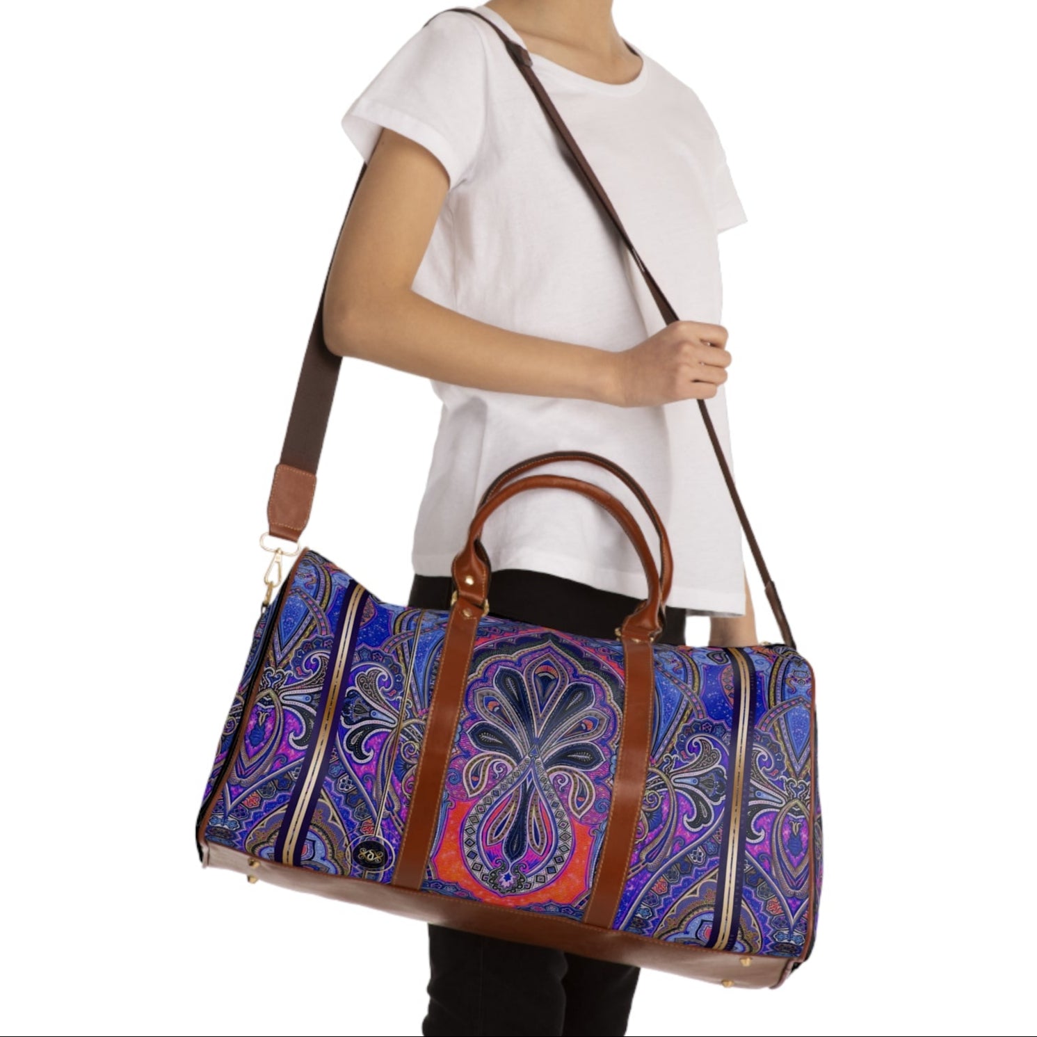 Blue Pashmina Bag, PU Leather Bag, Paisley Print Luggage, Faux Leather Bag, Paisley Travel Bag | D20113B