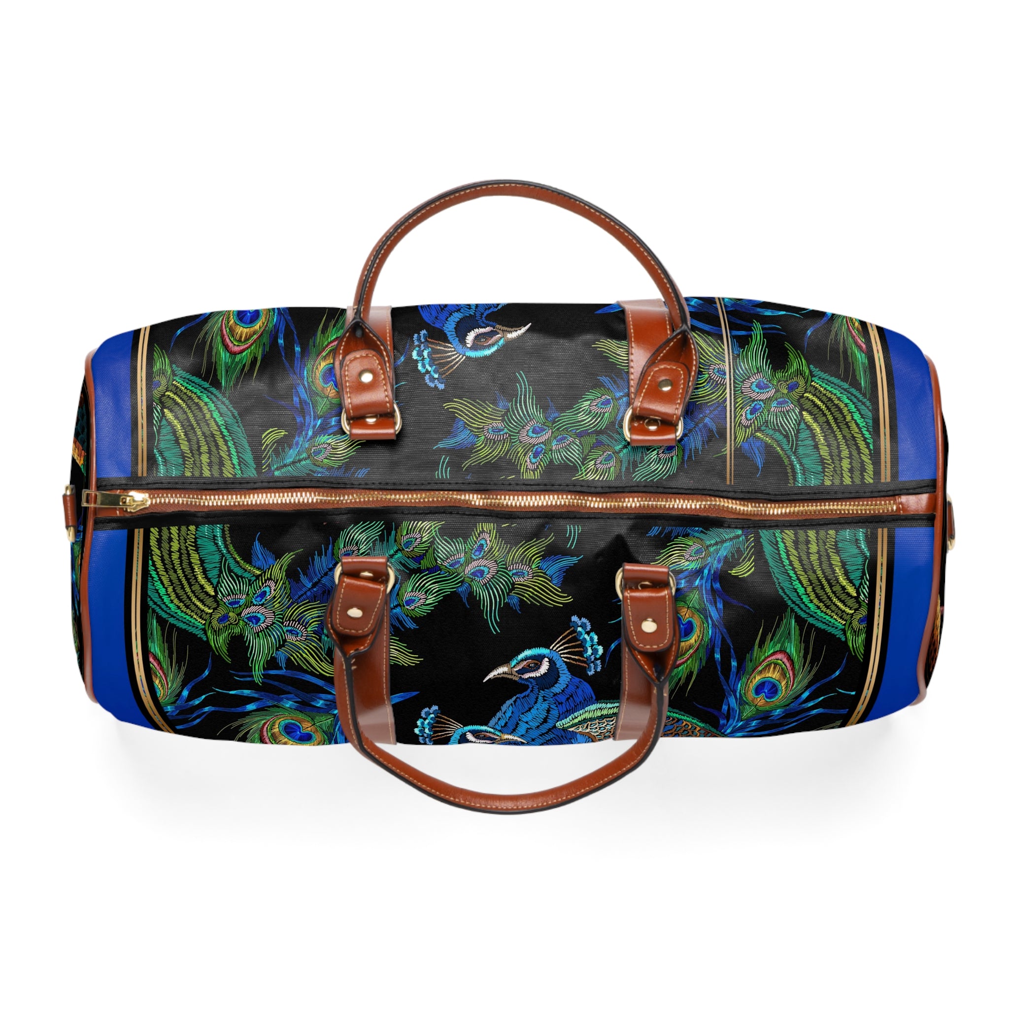 Stunning PEACOCK Print Bag, Large Overnight Duffel Bag, Peacock Lovers Bag, Brown Leather Handles Luggage, Weekender Travel Bag | D20029