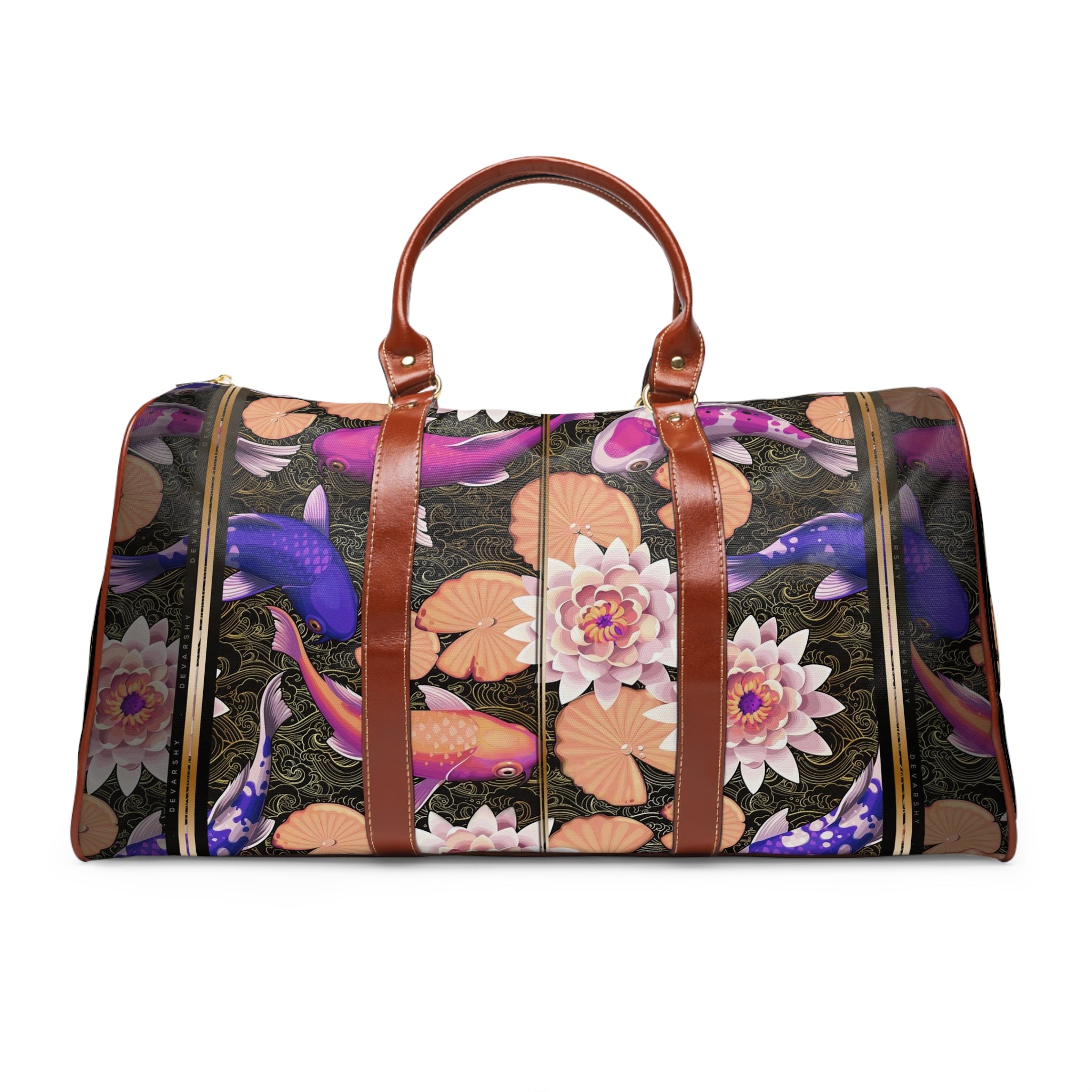 Koi Fish PU Leather Bag, Fish & Florals Luggage, Faux Leather Travel Bag, Purple Duffle Bag | D20018