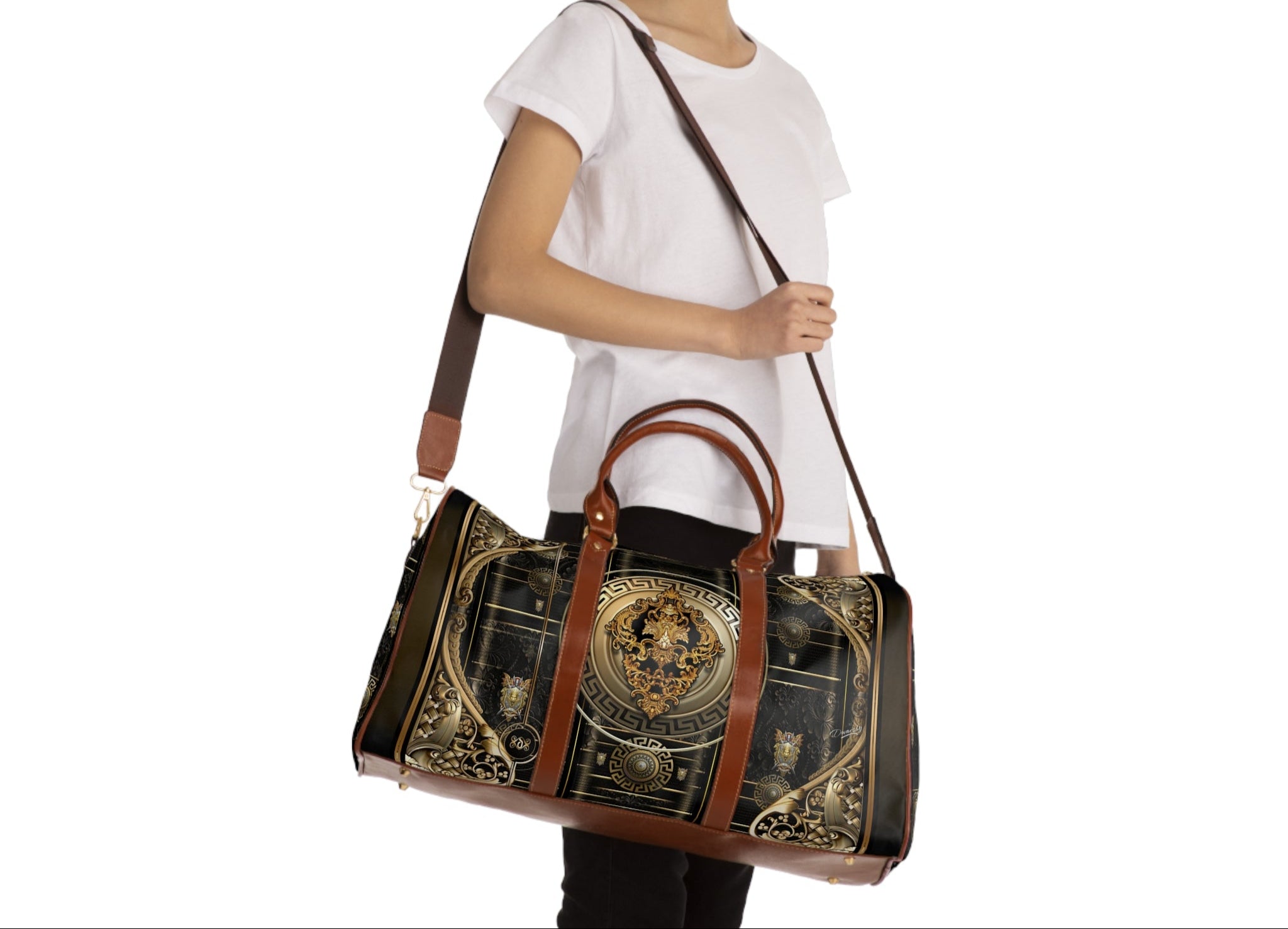Black Baroque Bag, PU Leather Luggage, Waterproof Travel Bag, Gold Medallion Bag, Faux Leather Luggage | 100356
