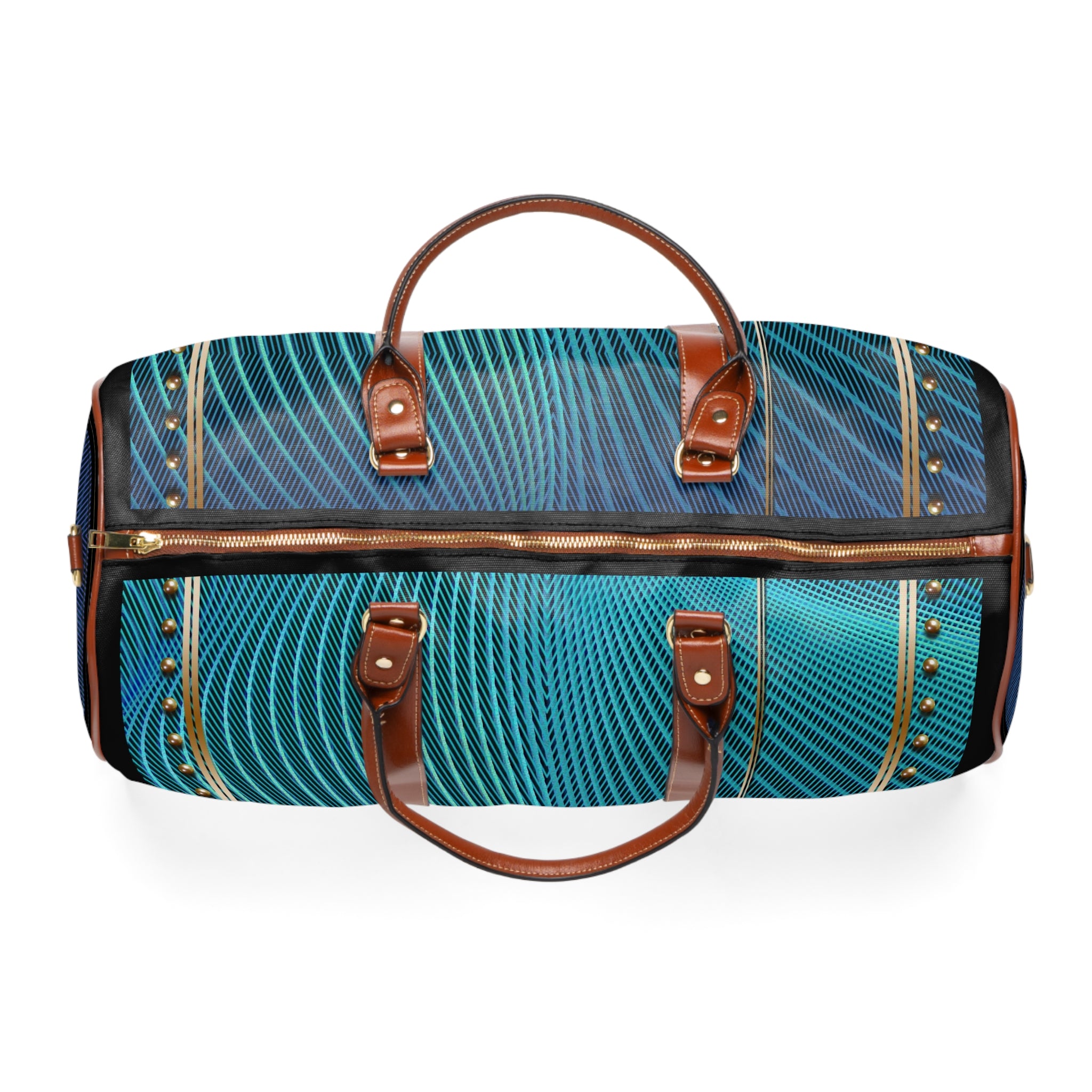 Turquoise Nazca Lines Duffle Bag, Waterproof Travel Bag, Spacious Carry-On Bag, Brown Leather Straps Bag, Weekender Travel Bag  | 100047