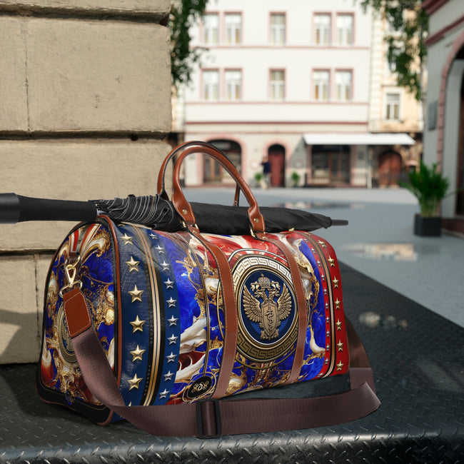 Luxury Americana Weekender Bag, Red Blue Gold Travel Bag, Brown Leather Straps, Spacious Carry-On Luggage, Patriotic Star Pattern Duffel with Royal Emblem | D20155