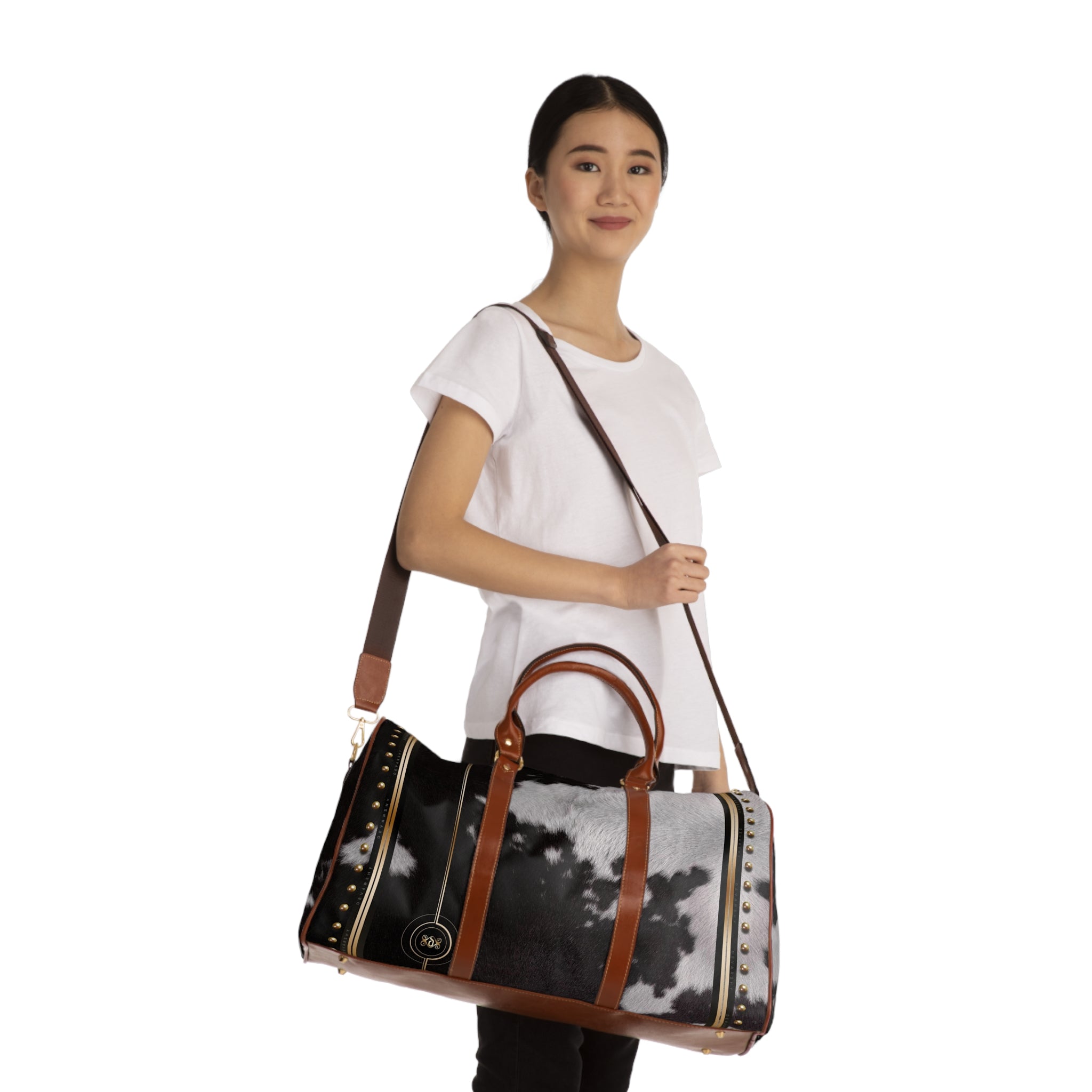 Cow Print Duffle Bag, Brown Leather Straps Bag, Spacious Carry-On Luggage, Animal Print Weekender Travel Bag, Cowhide Duffle Bag | 11222E