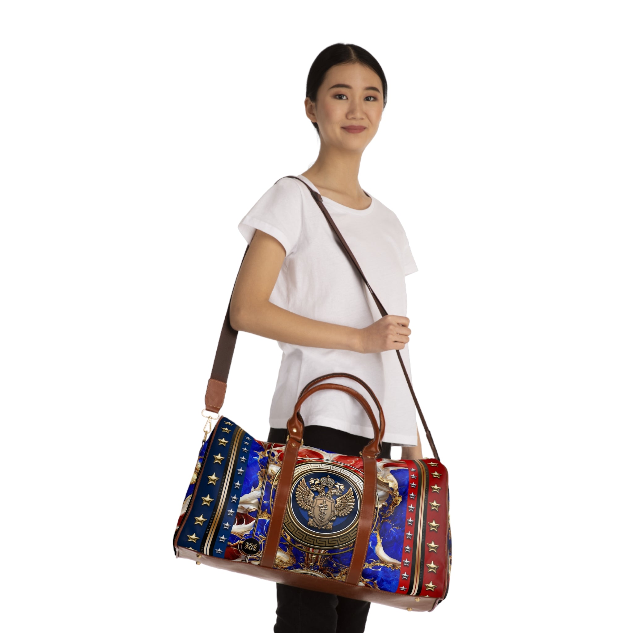 Luxury Americana Weekender Bag, Red Blue Gold Travel Bag, Brown Leather Straps, Spacious Carry-On Luggage, Patriotic Star Pattern Duffel with Royal Emblem | D20155