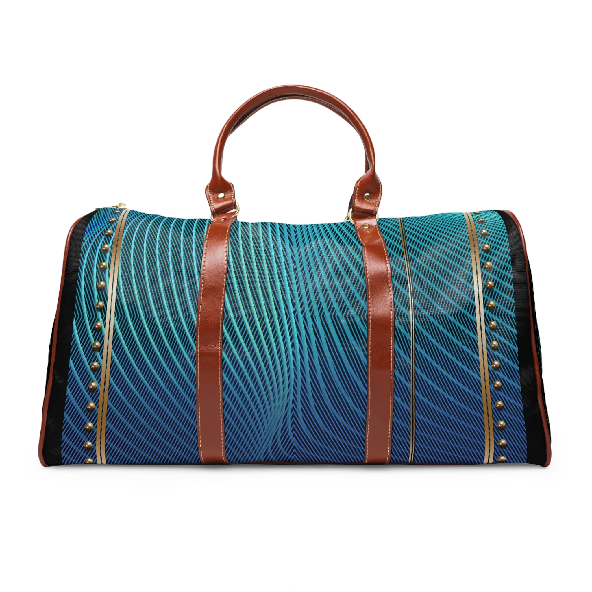 Turquoise Nazca Lines Duffle Bag, Waterproof Travel Bag, Spacious Carry-On Bag, Brown Leather Straps Bag, Weekender Travel Bag  | 100047