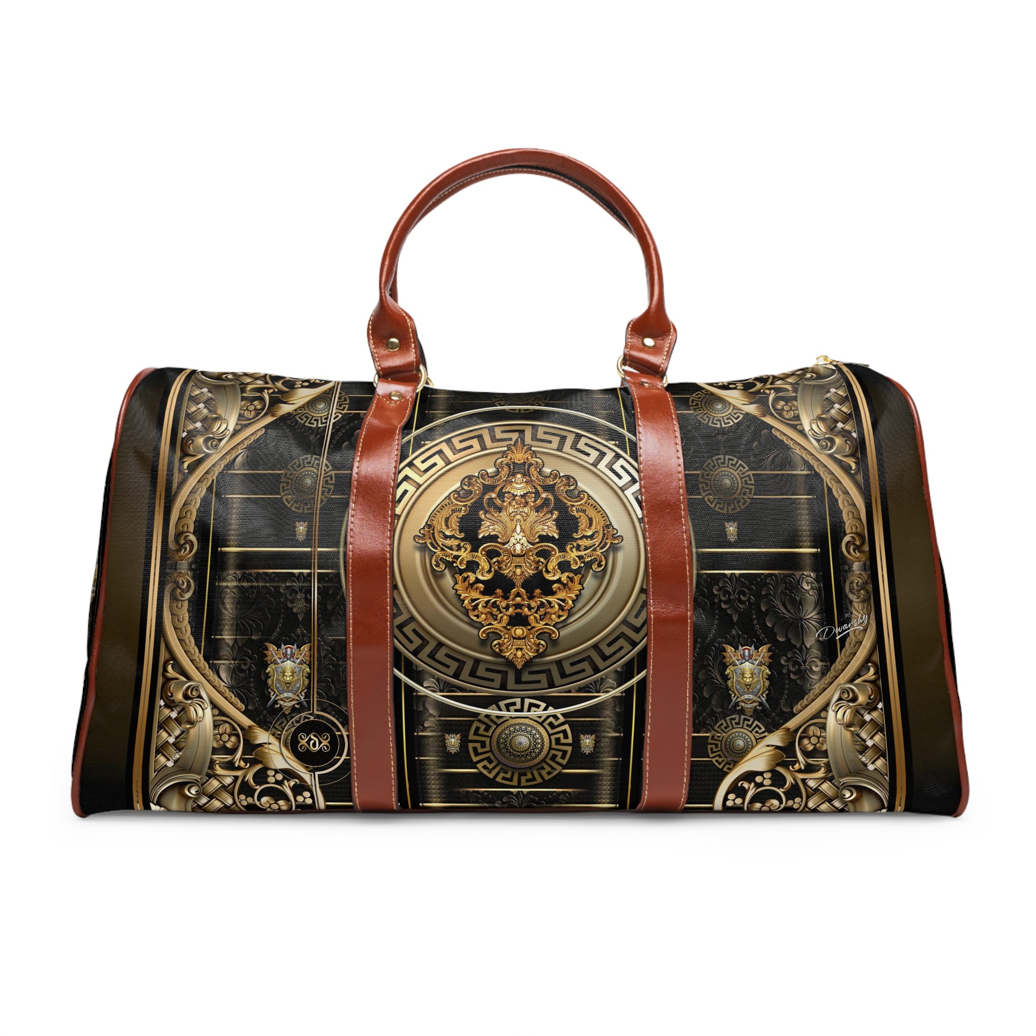 Black Baroque Bag, PU Leather Luggage, Waterproof Travel Bag, Gold Medallion Bag, Faux Leather Luggage | 100356