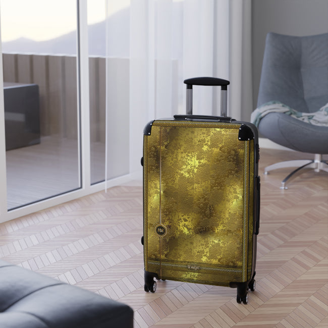 Yellow Gold Suitcase Carry-on Suitcase Gold Foil Print Luggage Greek Key Hard Shell Suitcase in 3 Sizes | X3349A