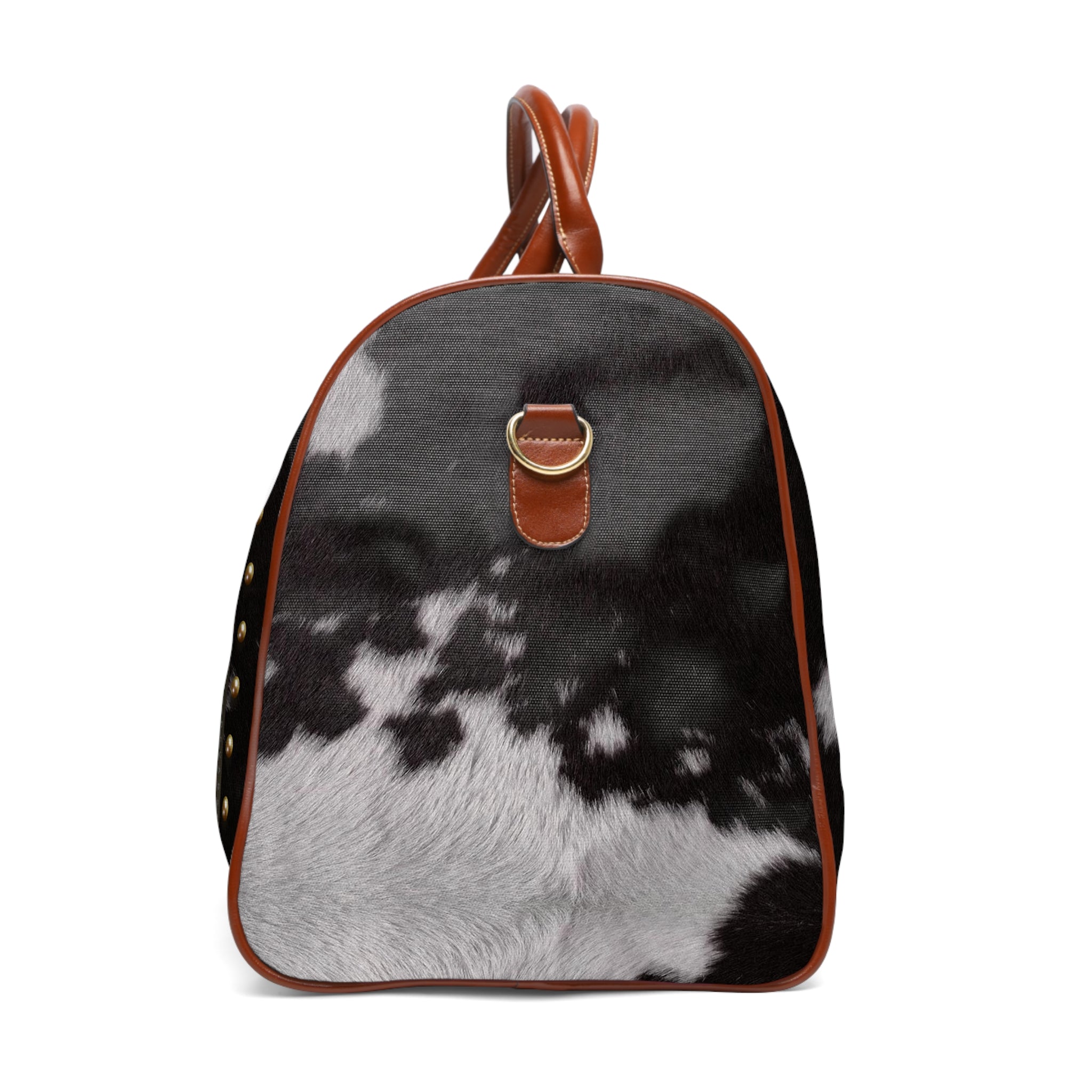 Cow Print Duffle Bag, Brown Leather Straps Bag, Spacious Carry-On Luggage, Animal Print Weekender Travel Bag, Cowhide Duffle Bag | 11222E