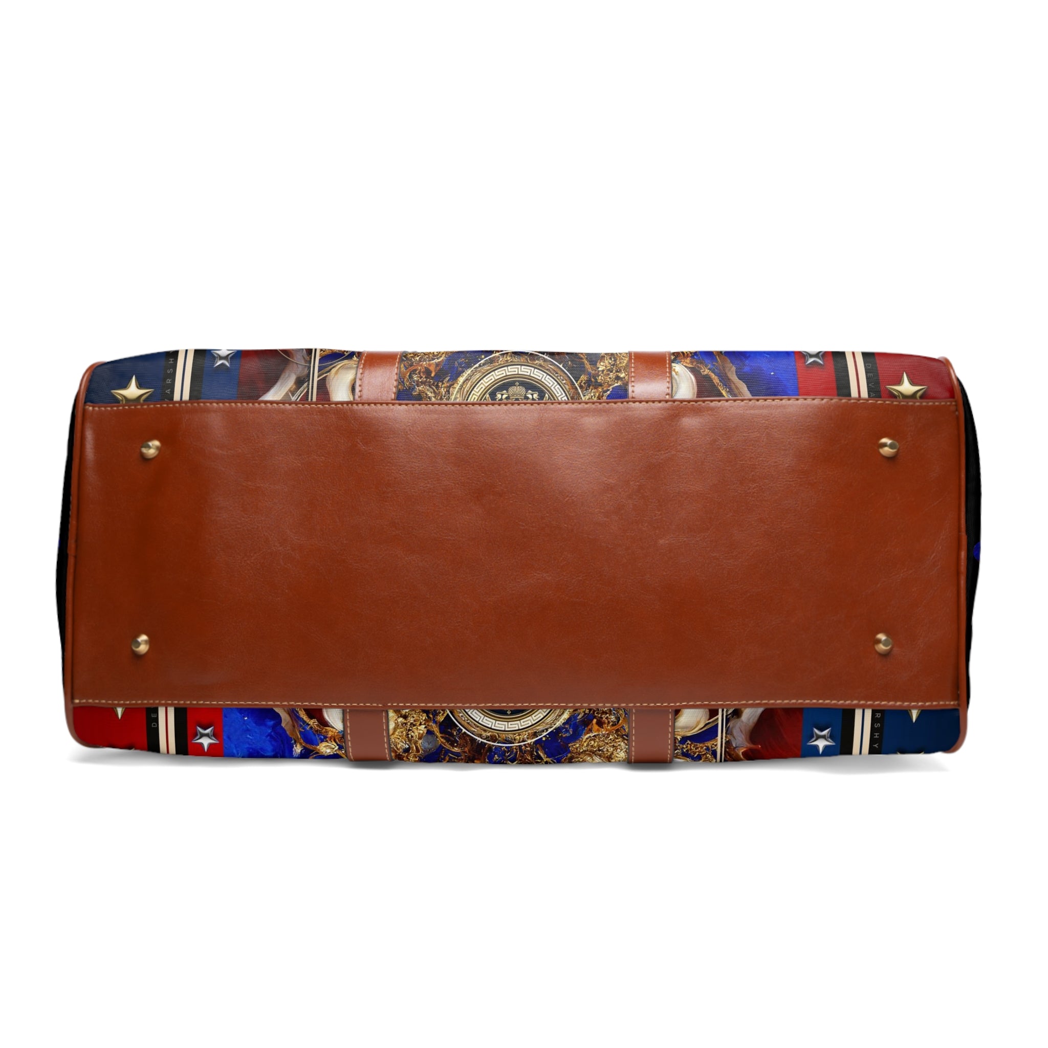 Luxury Americana Weekender Bag, Red Blue Gold Travel Bag, Brown Leather Straps, Spacious Carry-On Luggage, Patriotic Star Pattern Duffel with Royal Emblem | D20155