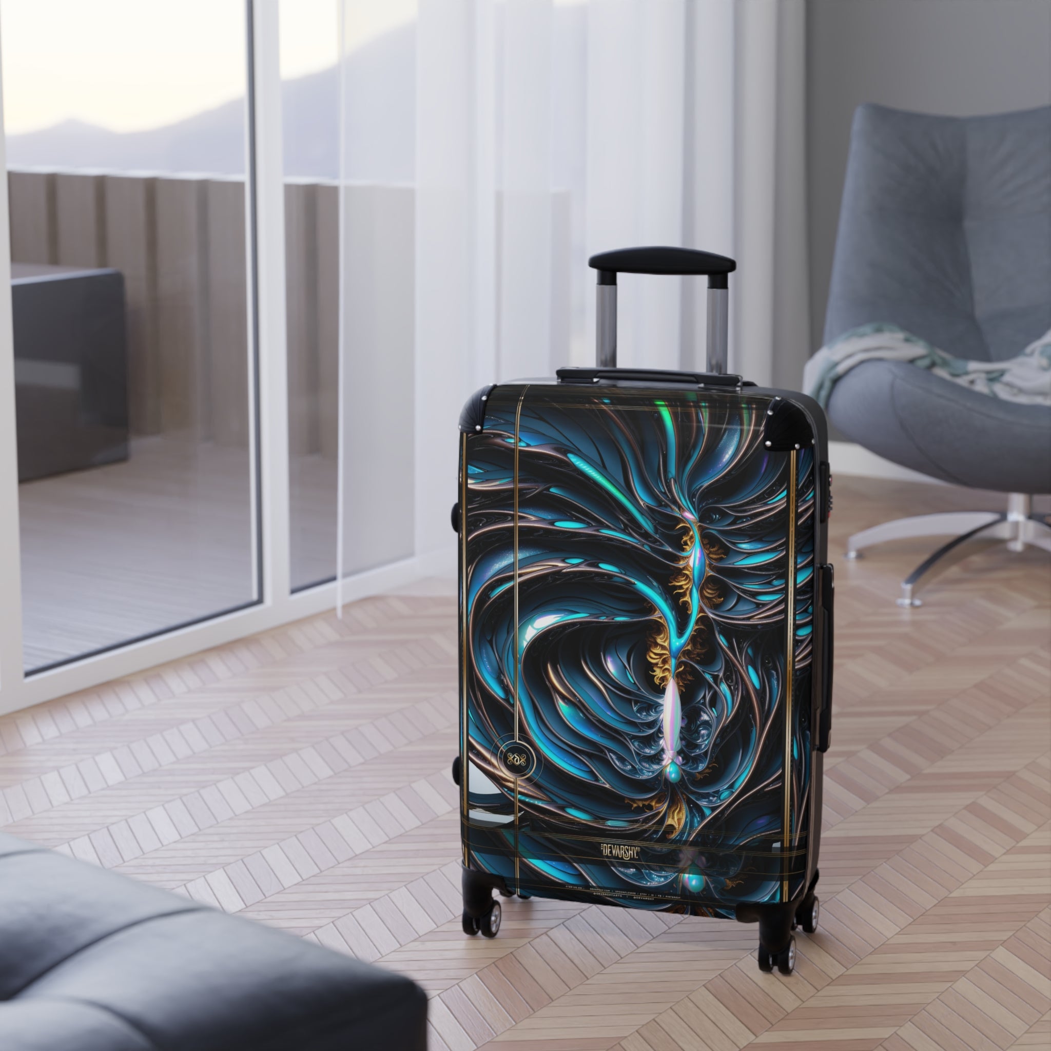ABSTRACT Teal Suitcase Carry-on Suitcase Sci-fi Futuristic Luggage Hard Shell Travel Suitcase in 3 Sizes | D20177
