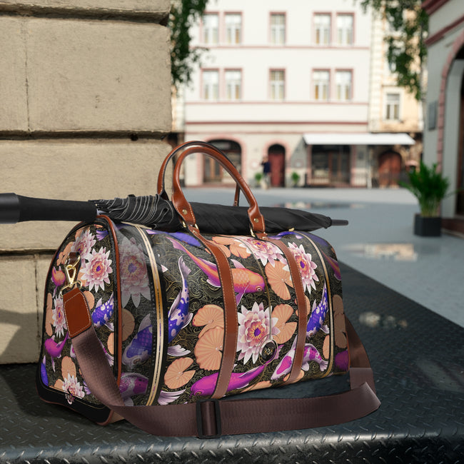 Koi Fish PU Leather Bag, Fish & Florals Luggage, Faux Leather Travel Bag, Purple Duffle Bag | D20018