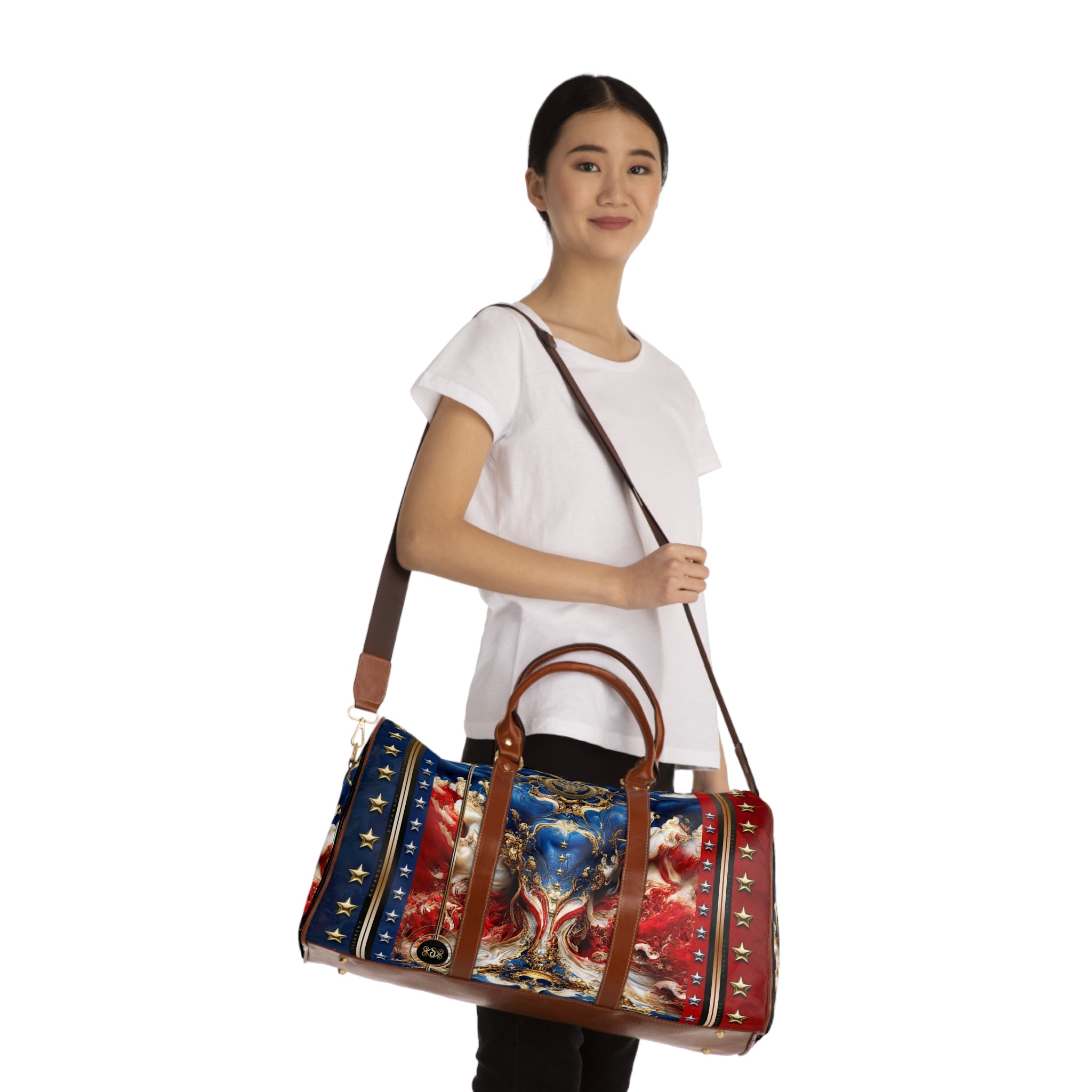 Red And Blue Bag, PU Leather Bag, US Flag Travel Bag, Faux Leather Luggage, Duffle Bag | D20154