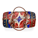 Luxury Americana Weekender Bag, Red Blue Gold Travel Bag, Brown Leather Straps, Spacious Carry-On Luggage, Patriotic Star Pattern Duffel with Royal Emblem | D20155