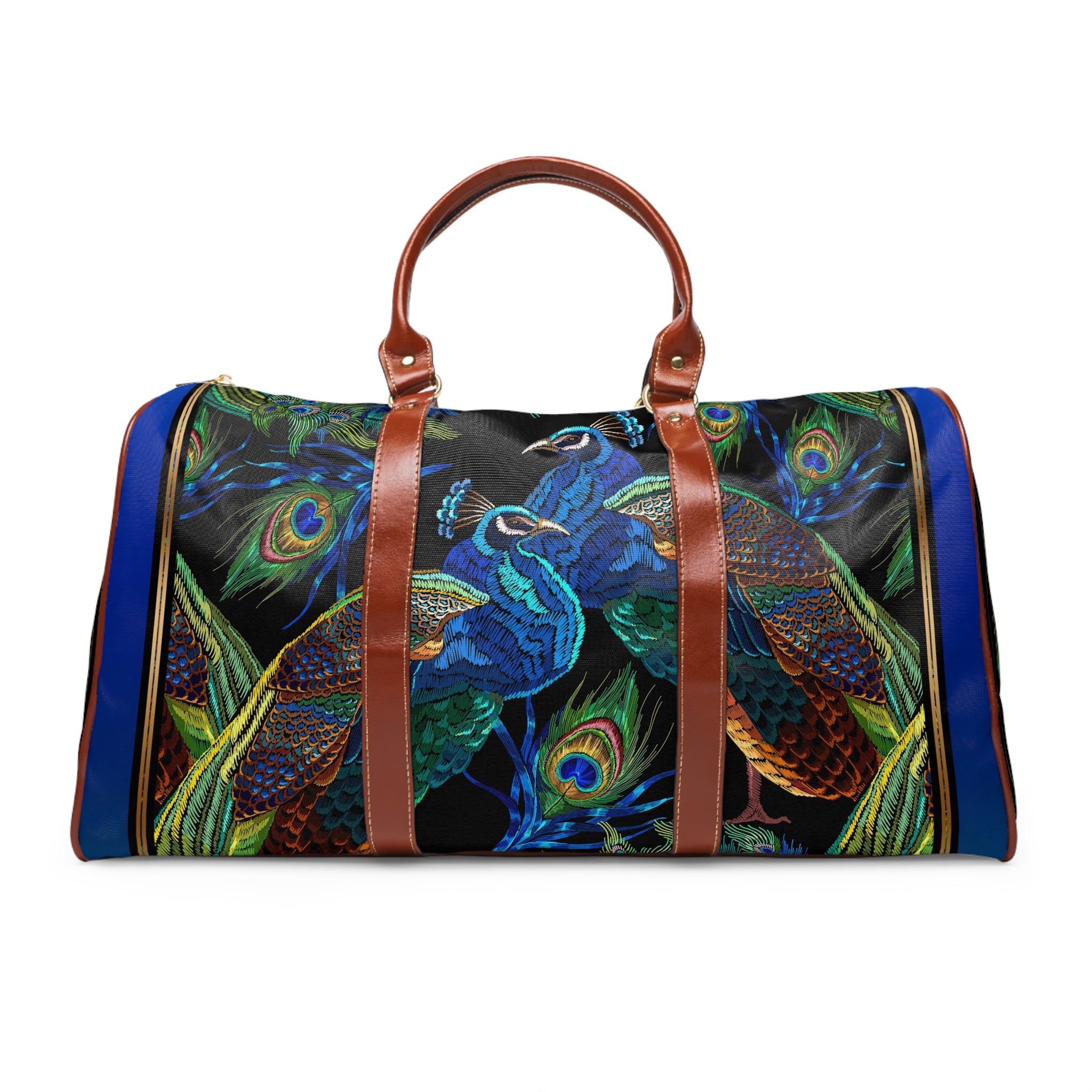 Stunning PEACOCK Print Bag, Large Overnight Duffel Bag, Peacock Lovers Bag, Brown Leather Handles Luggage, Weekender Travel Bag | D20029