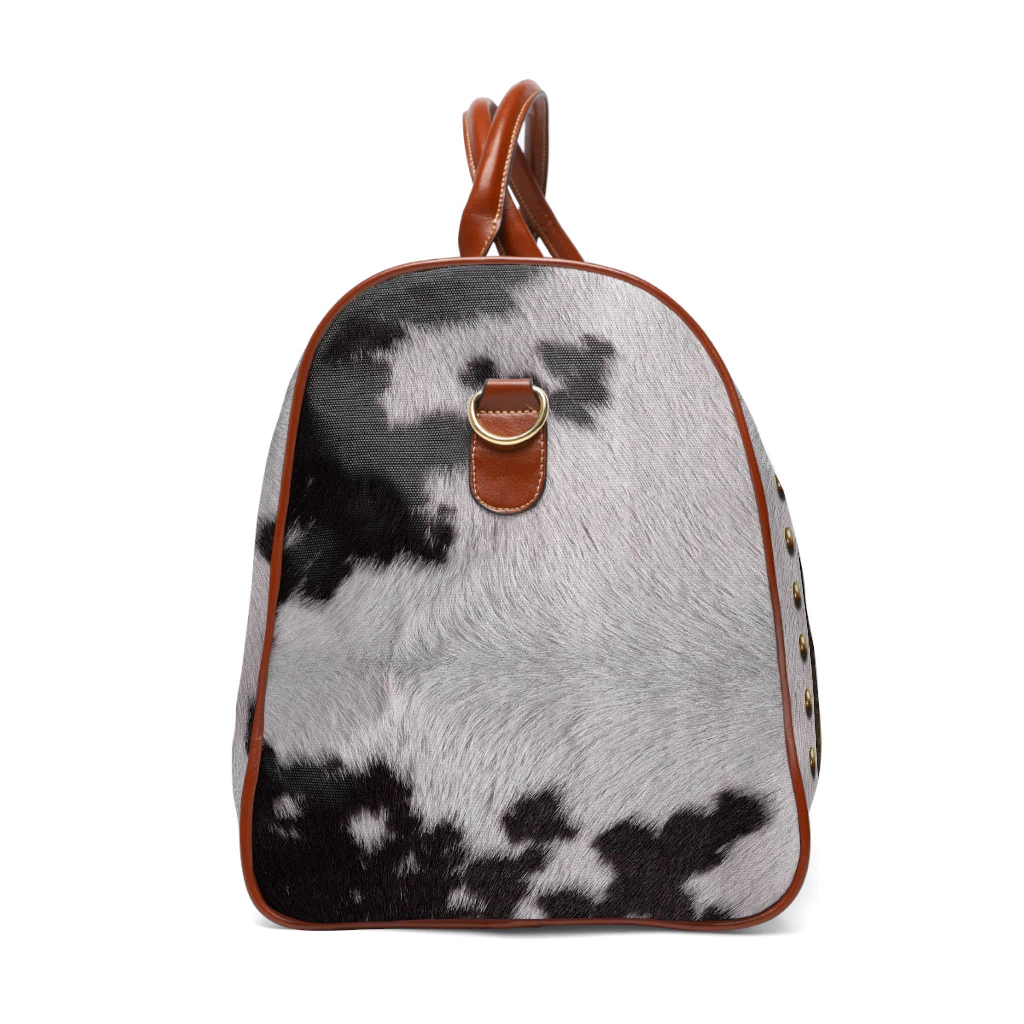 Cow Print Duffle Bag, Brown Leather Straps Bag, Spacious Carry-On Luggage, Animal Print Weekender Travel Bag, Cowhide Duffle Bag | 11222E