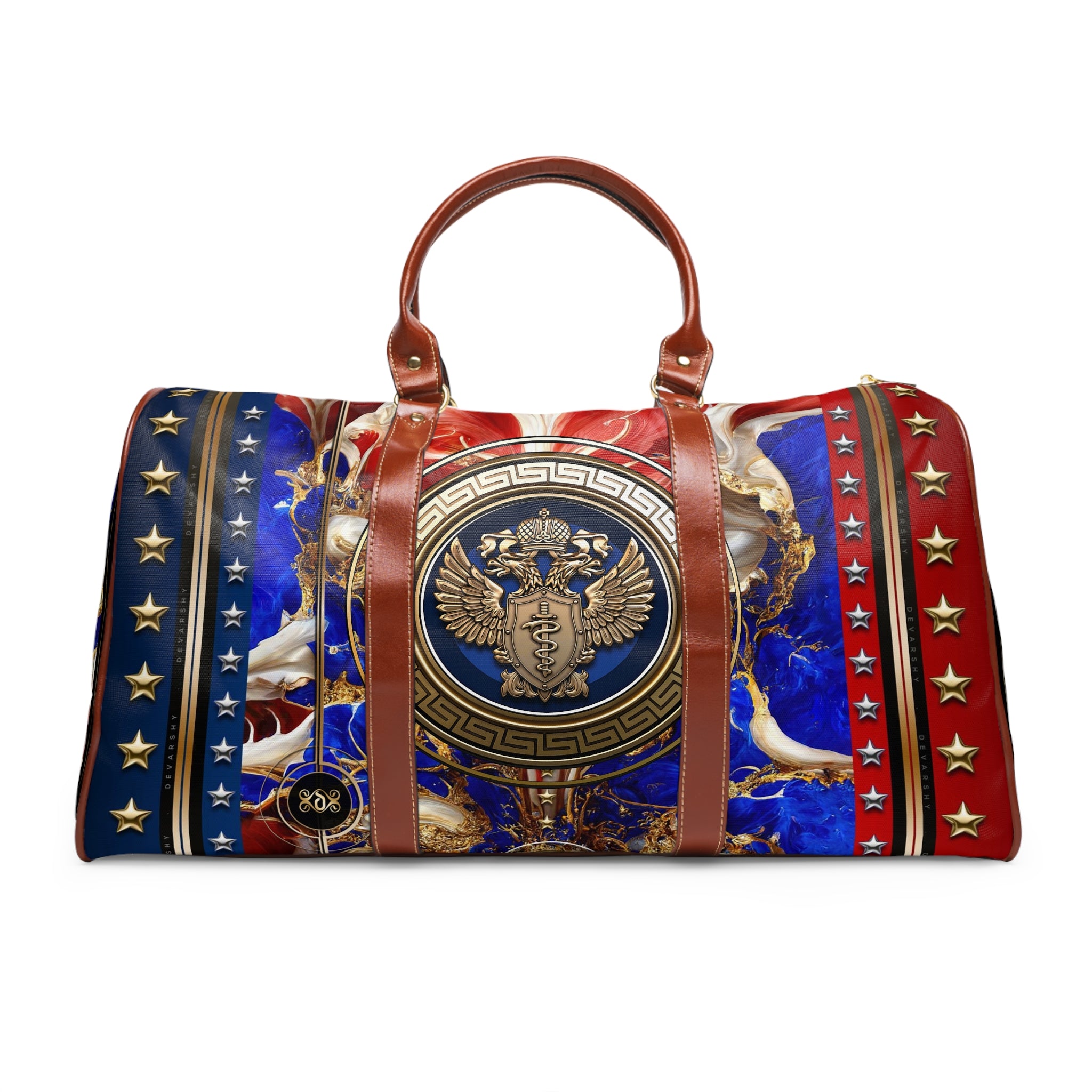 Luxury Americana Weekender Bag, Red Blue Gold Travel Bag, Brown Leather Straps, Spacious Carry-On Luggage, Patriotic Star Pattern Duffel with Royal Emblem | D20155