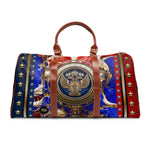 Luxury Americana Weekender Bag, Red Blue Gold Travel Bag, Brown Leather Straps, Spacious Carry-On Luggage, Patriotic Star Pattern Duffel with Royal Emblem | D20155