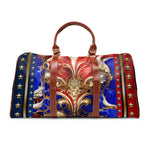 Luxury Americana Weekender Bag, Red Blue Gold Travel Bag, Brown Leather Straps, Spacious Carry-On Luggage, Patriotic Star Pattern Duffel with Royal Emblem | D20155