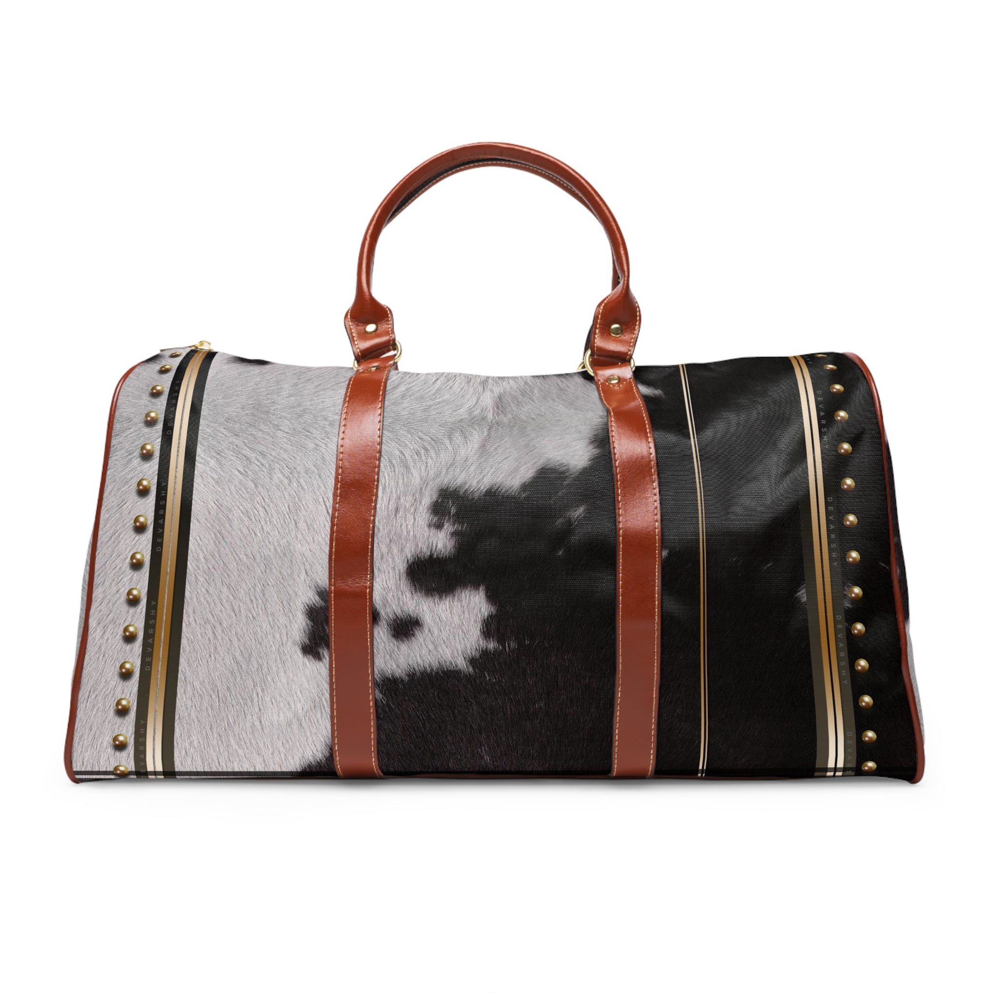 Cow Print Duffle Bag, Brown Leather Straps Bag, Spacious Carry-On Luggage, Animal Print Weekender Travel Bag, Cowhide Duffle Bag | 11222E