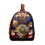 Luxury Americana Weekender Bag, Red Blue Gold Travel Bag, Brown Leather Straps, Spacious Carry-On Luggage, Patriotic Star Pattern Duffel with Royal Emblem | D20155