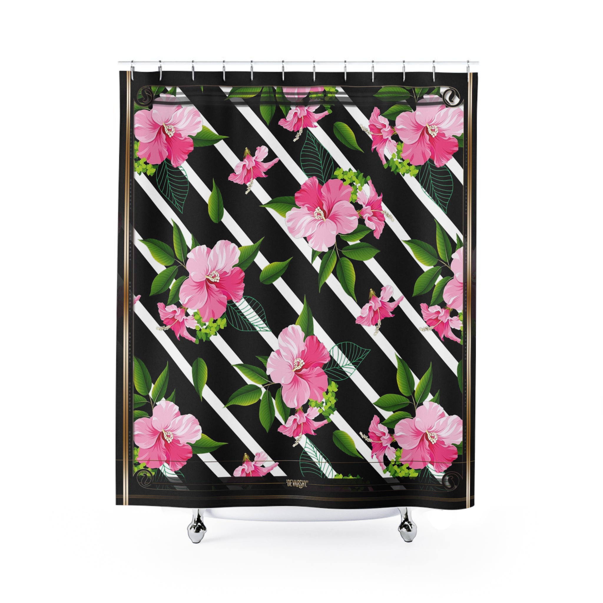 Hibiscus Floral Shower Curtain Black & White Stripes Curtain Floral Print Bathroom Curtain | 10089