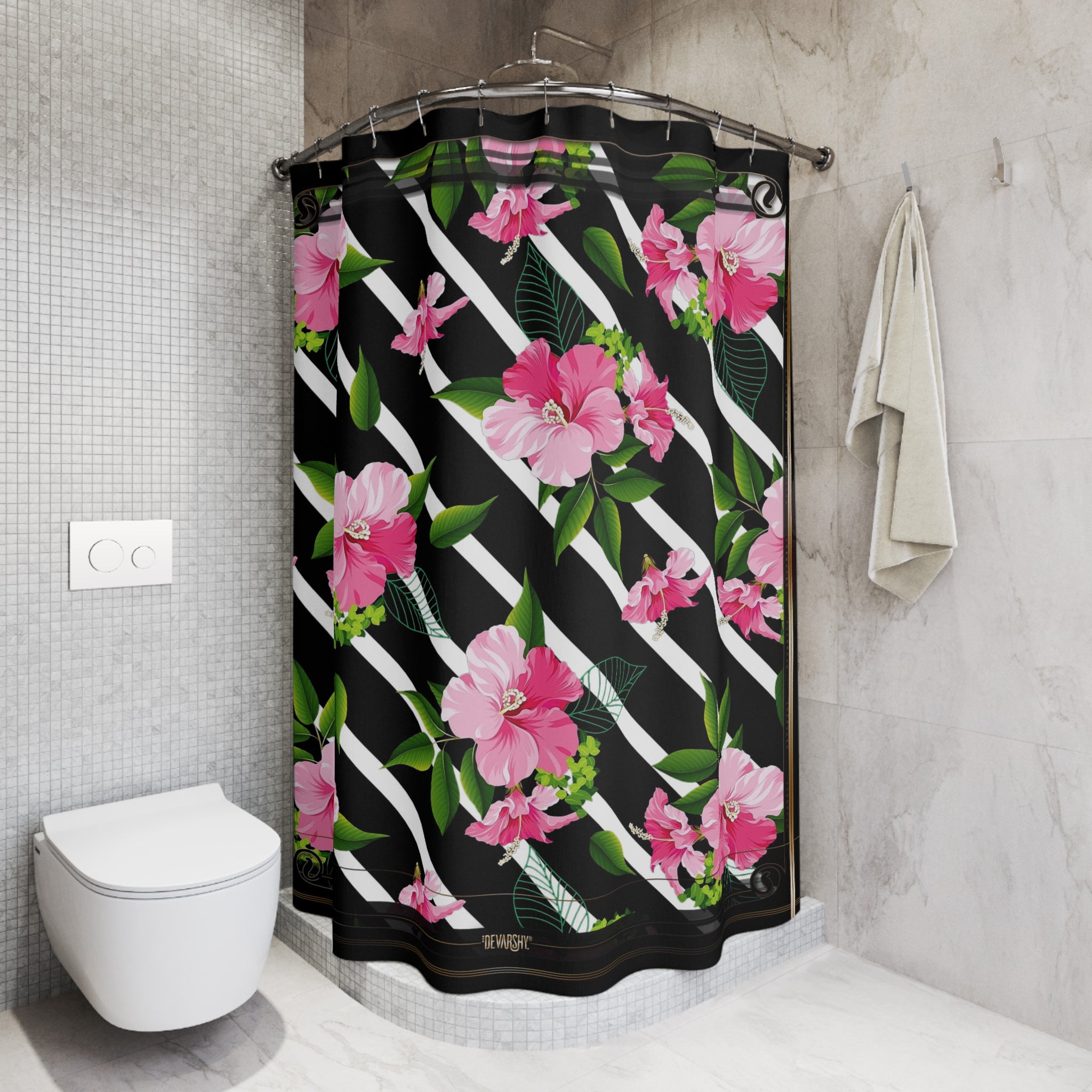 Hibiscus Floral Shower Curtain Black & White Stripes Curtain Floral Print Bathroom Curtain | 10089