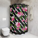 Hibiscus Floral Shower Curtain Black & White Stripes Curtain Floral Print Bathroom Curtain | 10089