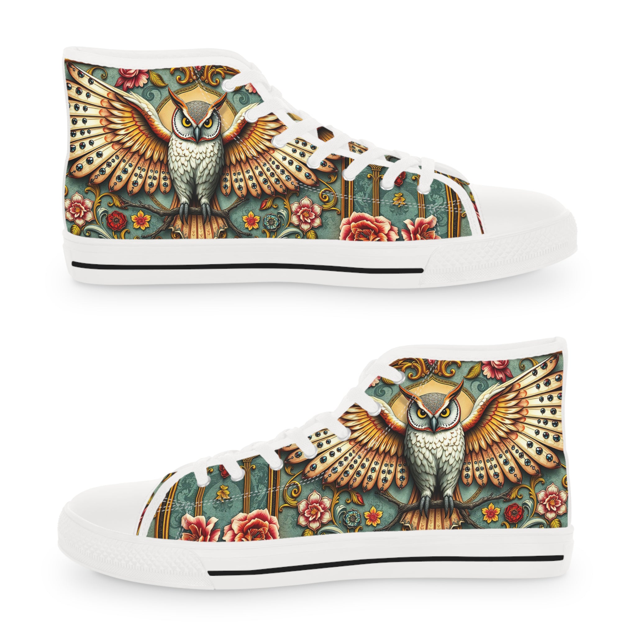 Owl Floral Print Shoes, Unisex High Top Sneakers, Trendy Canvas Shoes, Owl Florals Sneakers, Unisex Shoes | X3496