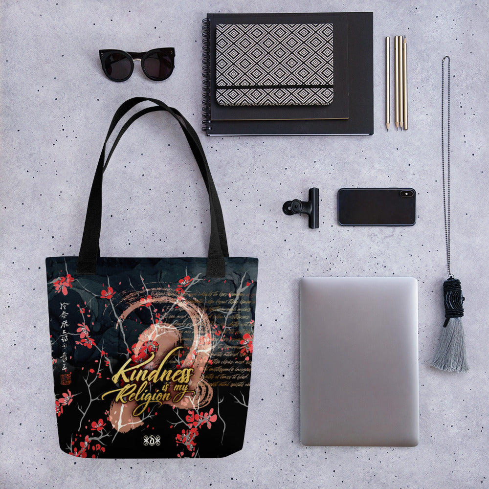 Kindness is My Religion Bag, Canvas Tote Bag, Cherry Blossom Bag, Floral Print Tote Bag | KMR01