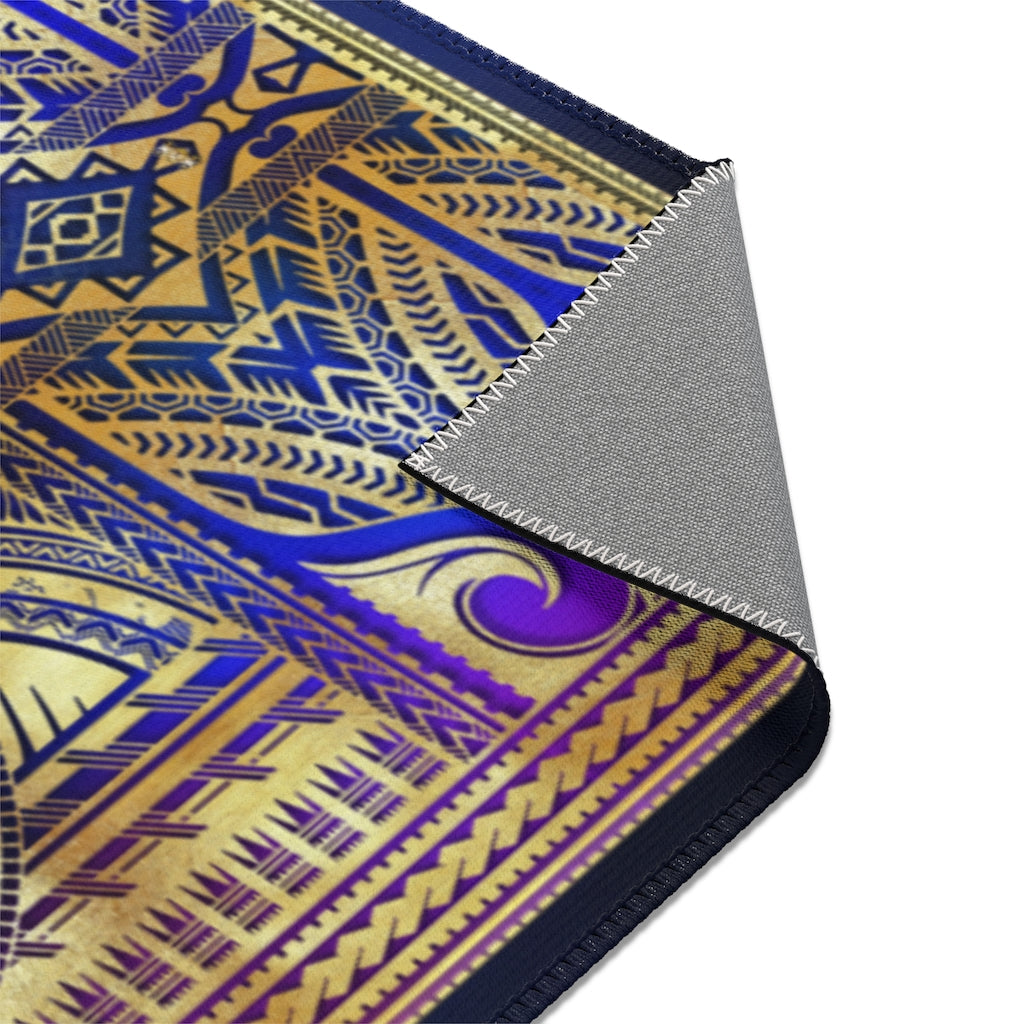 Cobalt Blue Area Rug, Polynesian Art Carpet, Maori Art Rug, Chenille Area Rug for Bedroom 3 Sizes | 100529