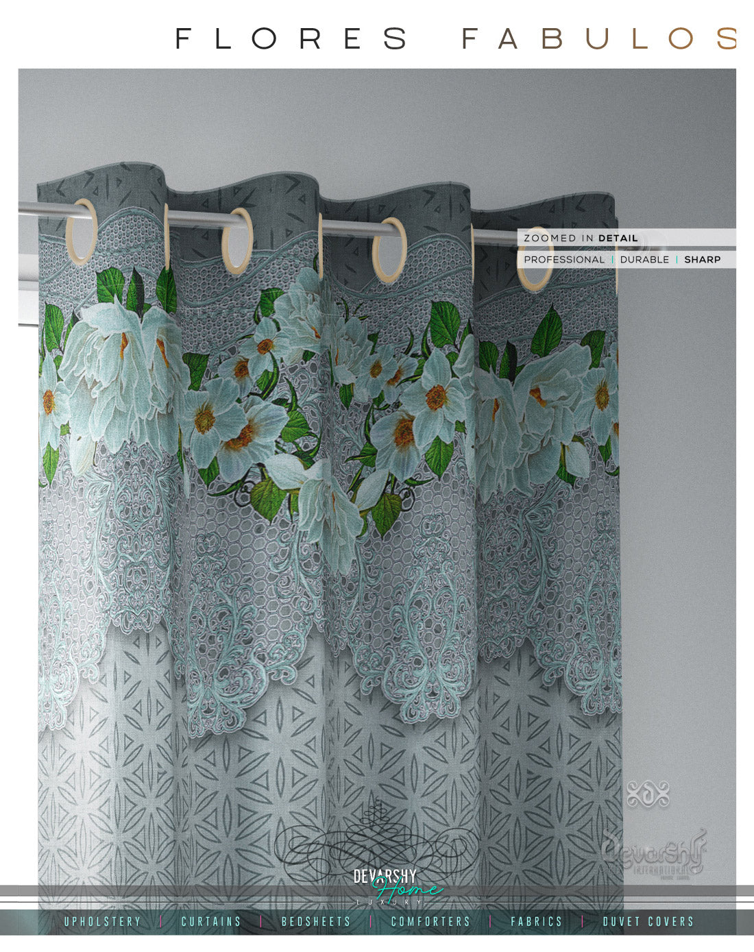 Decorative Floral Grey PREMIUM Curtain Panel, Made to Order on 12 Fabric Options - 10001A