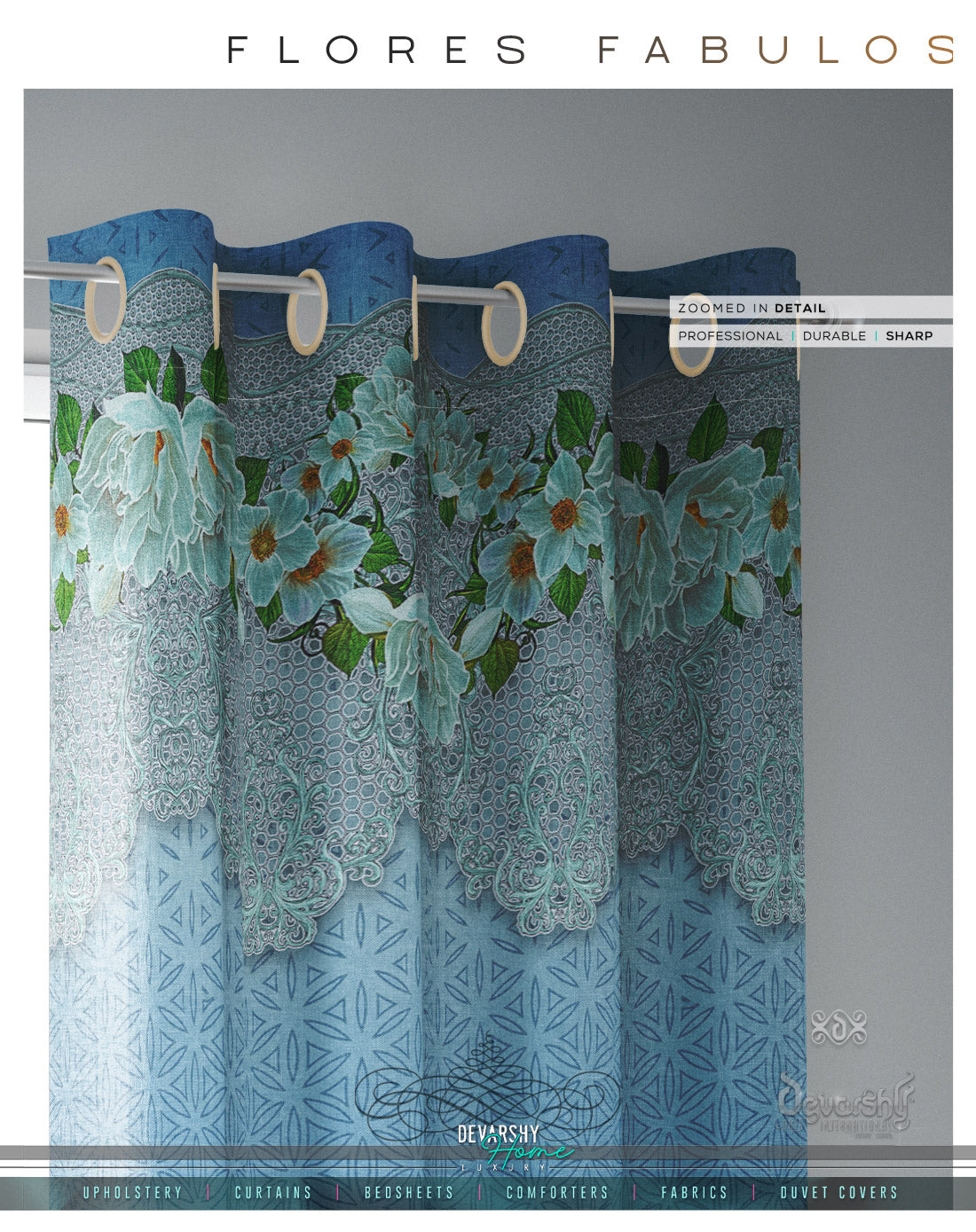 Decorative Florals Blue PREMIUM Curtain Panel, Made to Order on 12 Fabric Options - 10001E