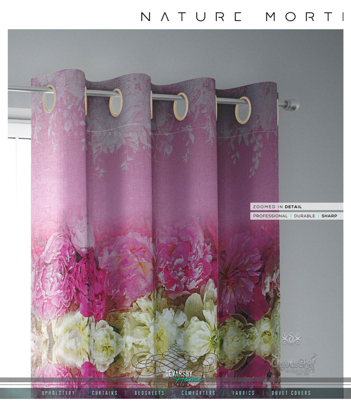 Pink Florals Pattern PREMIUM Curtain Panel. Available on 12 Fabrics. Made to Order. 10002C