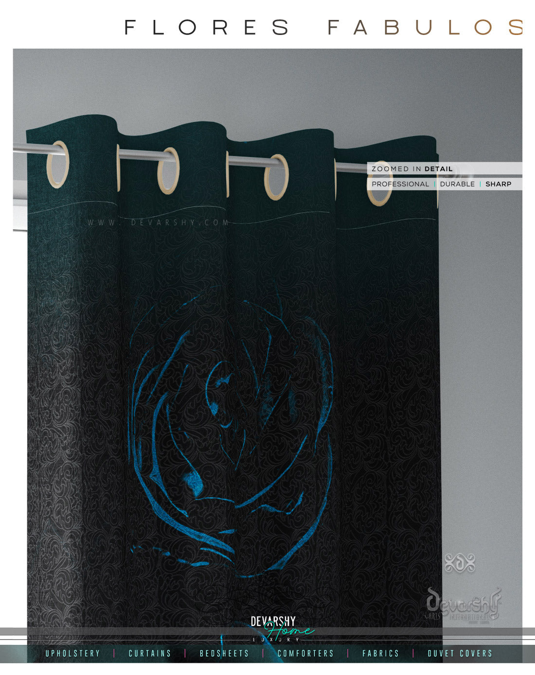 Turquoise Floral Print PREMIUM Curtain Panel. Available on 12 Fabrics. Made to Order. 10003B