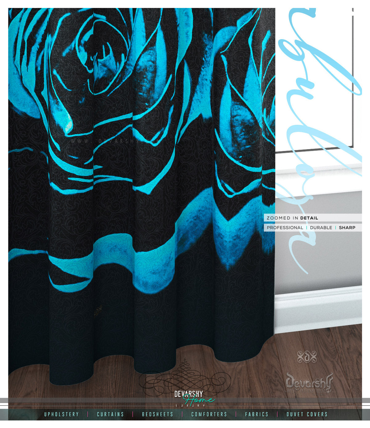 Turquoise Floral Print PREMIUM Curtain Panel. Available on 12 Fabrics. Made to Order. 10003B