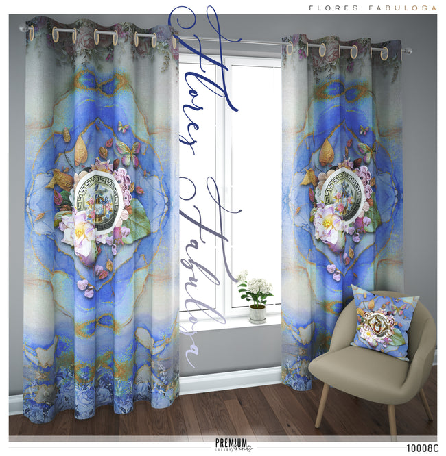 Abstract Blue Floral PREMIUM Curtain Panel. Available on 12 Fabrics. Made to Order. 10008C