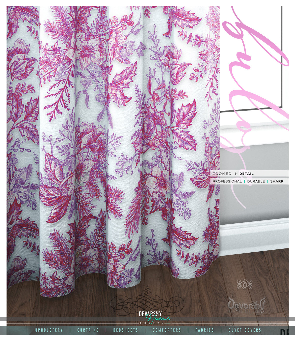 Mistletoes Pink Florals PREMIUM Curtain Panel. Available on 12 Fabrics. Made to Order. 10009D