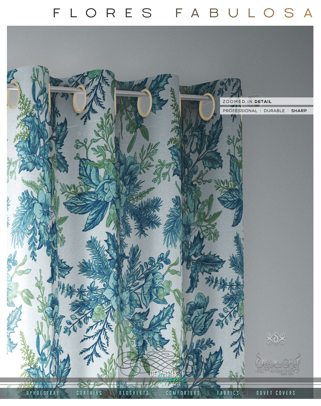 Mistletoes Aqua Florals PREMIUM Curtain Panel. Available on 12 Fabrics. Made to Order. 10009E