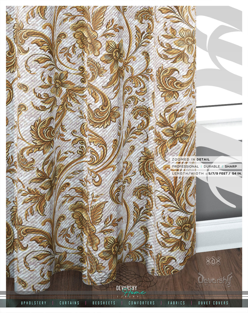 Gold Floral White PREMIUM Curtain Panel, Made to Order on 12 Fabric Options - 100120