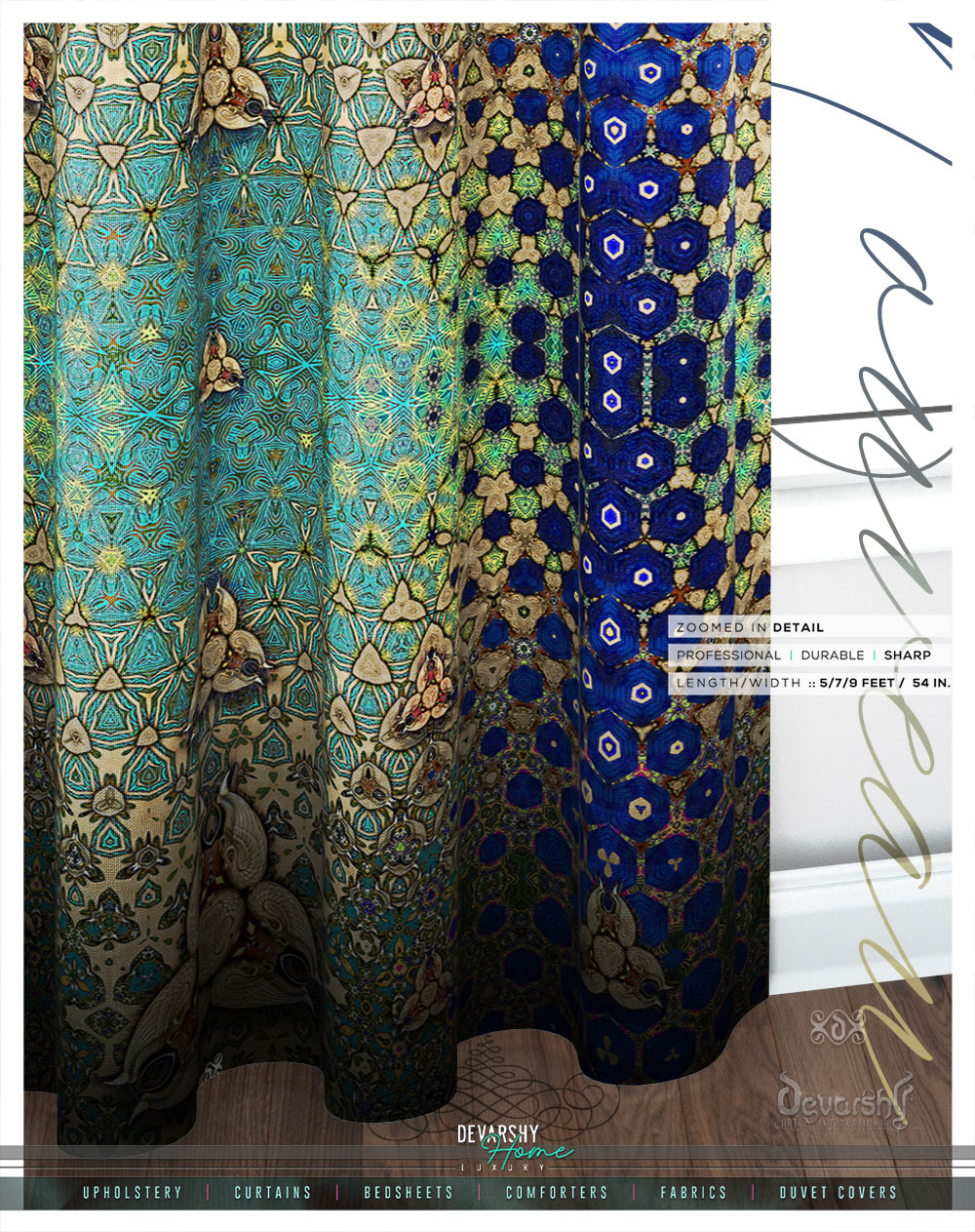 Ornate Gold Art Nouveau PREMIUM Curtain Panel. Available on 12 Fabrics. Made to Order. 100148
